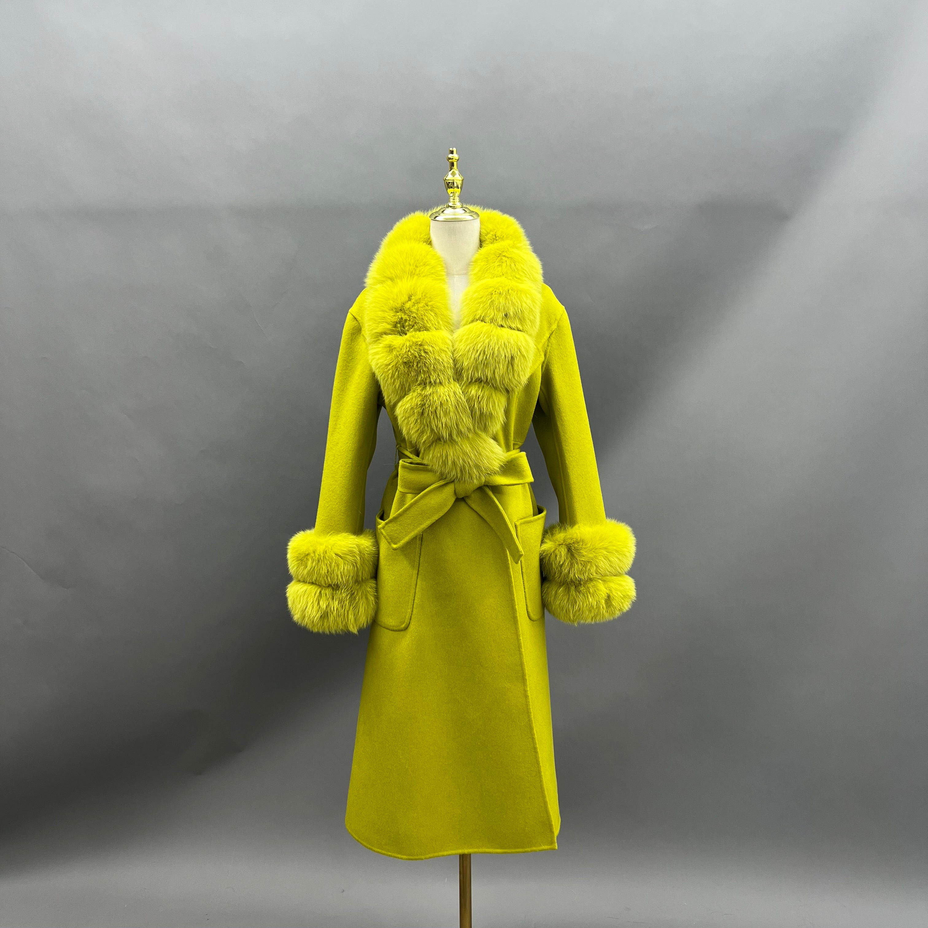 Women's Luxury Double - Faced Wool Coat with Segmented Fox Fur Collar, Two - Section Cuffs, Flared Skirt & Belt Light Green