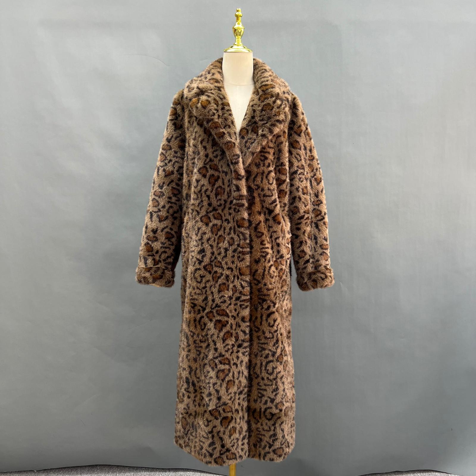 New Trendy Leopard Print Long Faux Mink Jacket Eco Fur