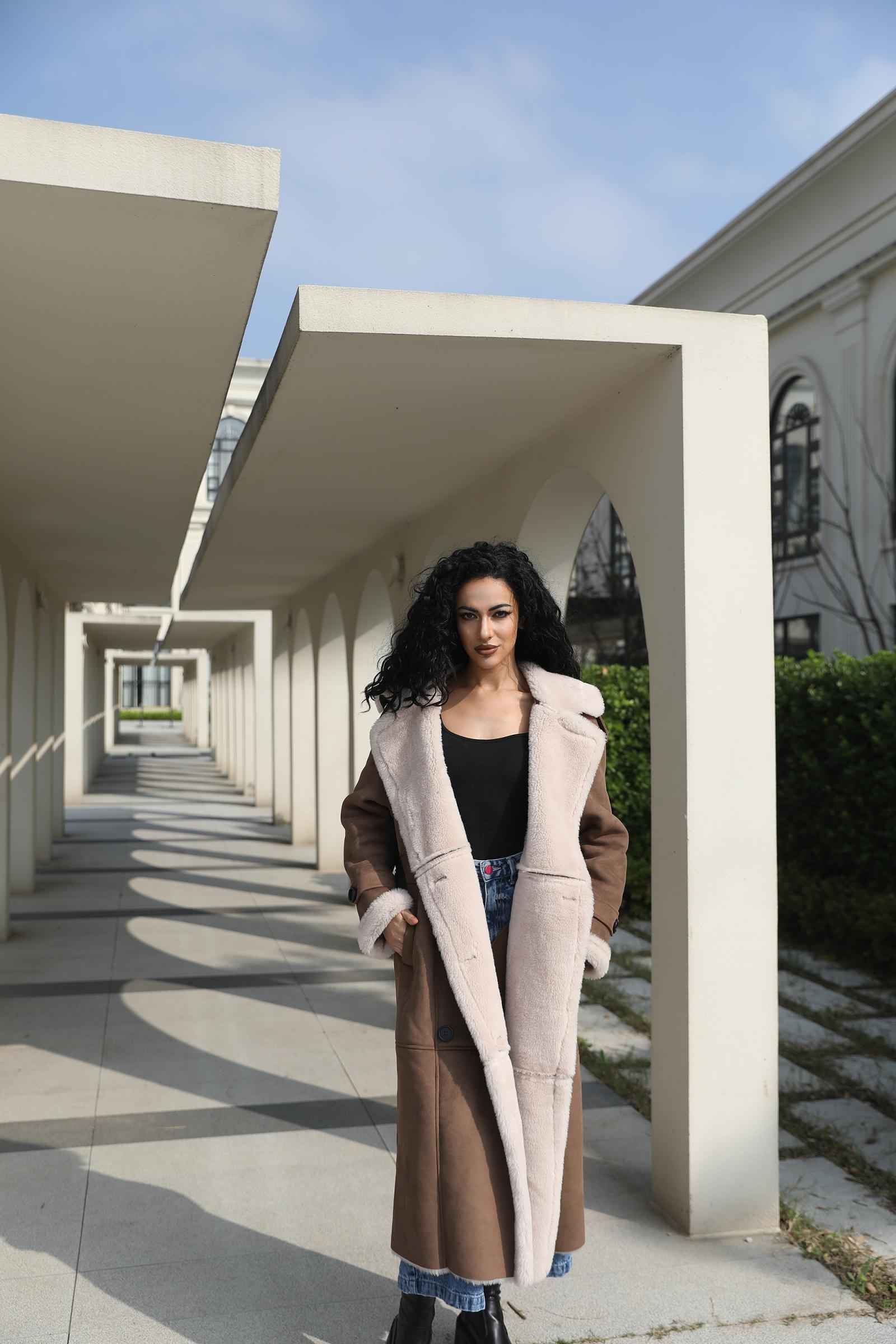 Leather and Fur Combo Merlot Double-Breasted Women's Vintage Long Coat