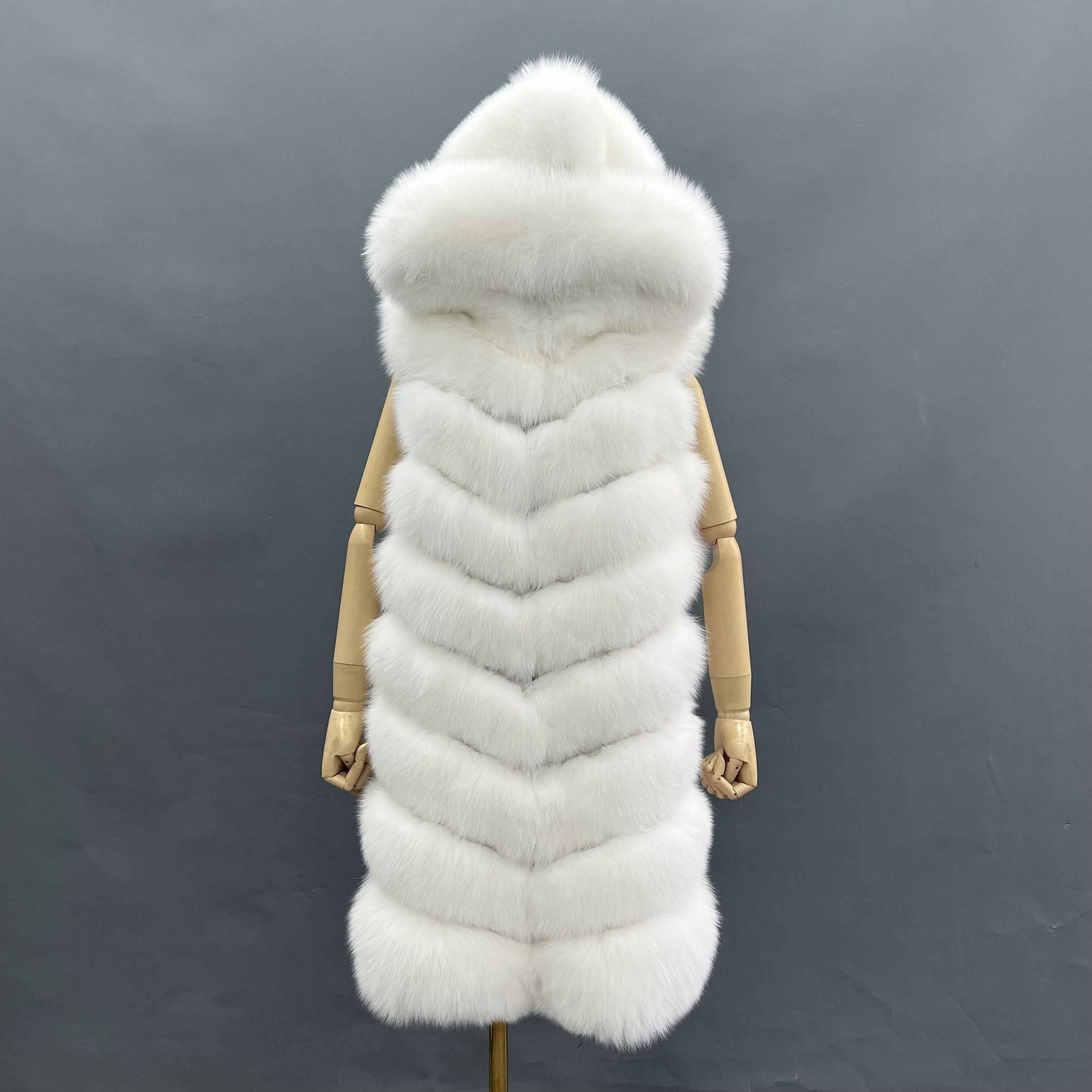 Women's 8-Panel Hooded Fox Fur Long Vest - Luxurious Outerwear