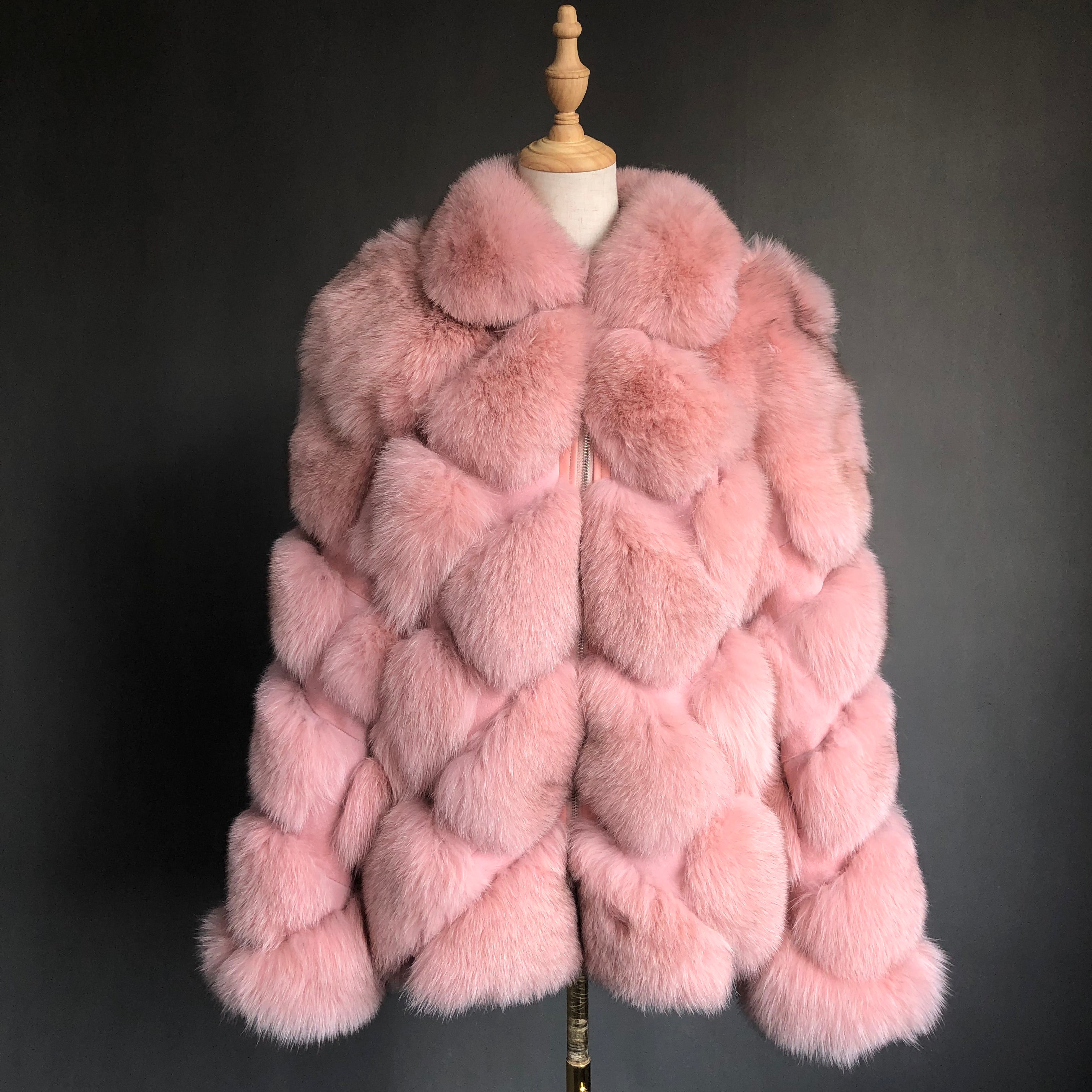 Women's Luxury Fox Fur Coat with Diamond Pattern - Winter Warm Fashion Fur Jacket Pink