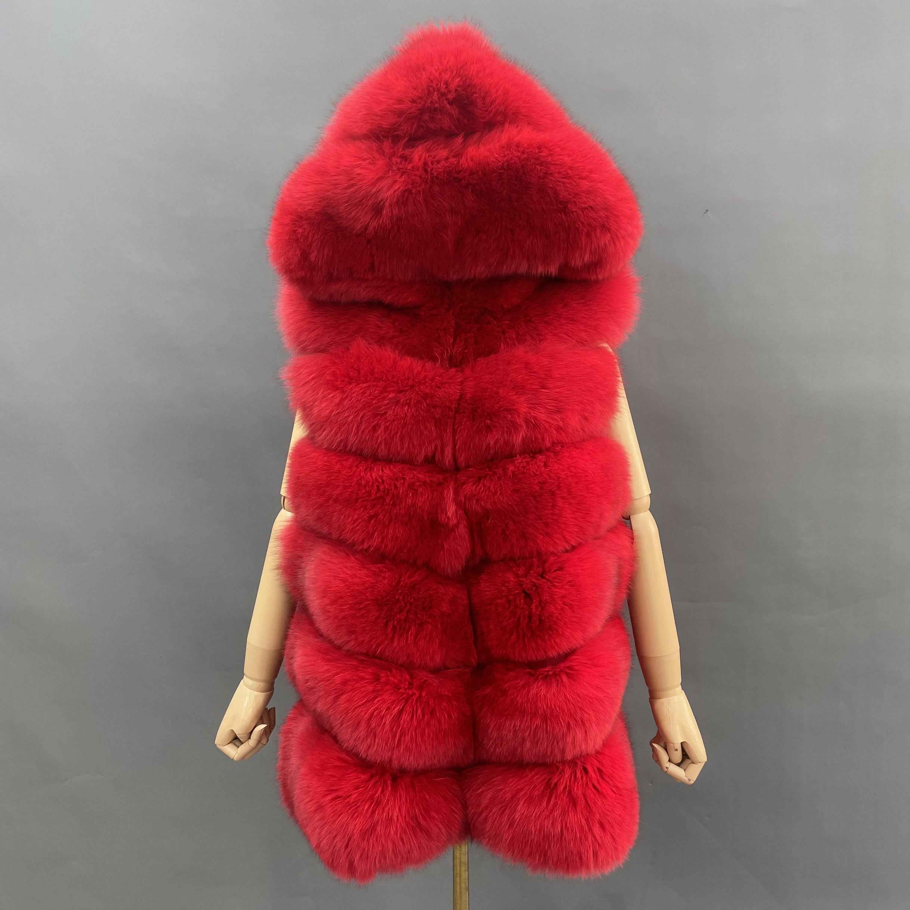Women's 6-Panel Hooded Fox Fur Vest - Classic Versatile Winter Essential Outerwear Red