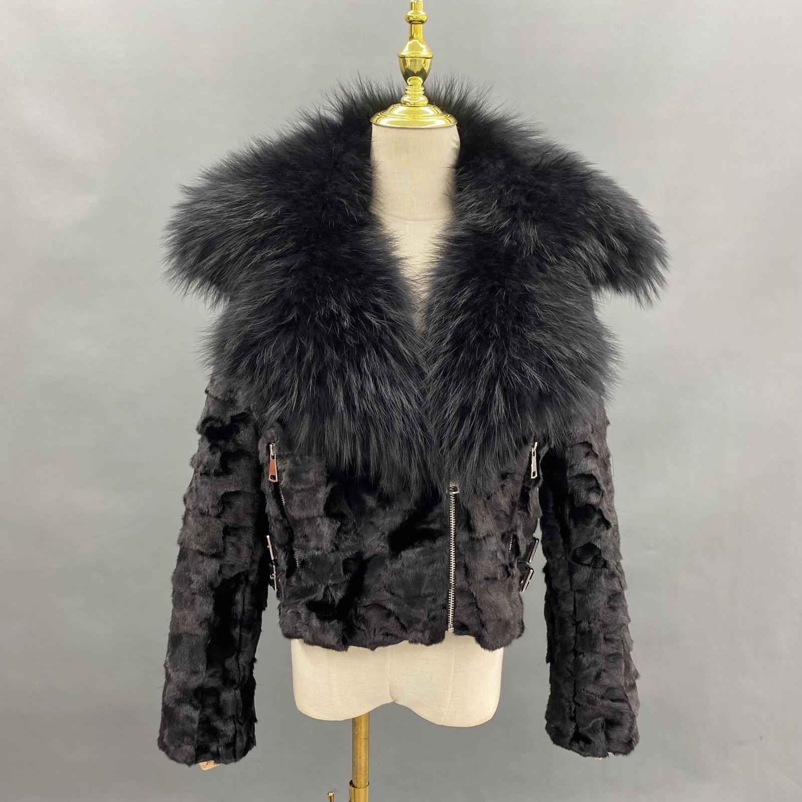 Raccoon Fur Collar Mink Fur-Blended Women's Short Casual Jacket with Detachable Hood