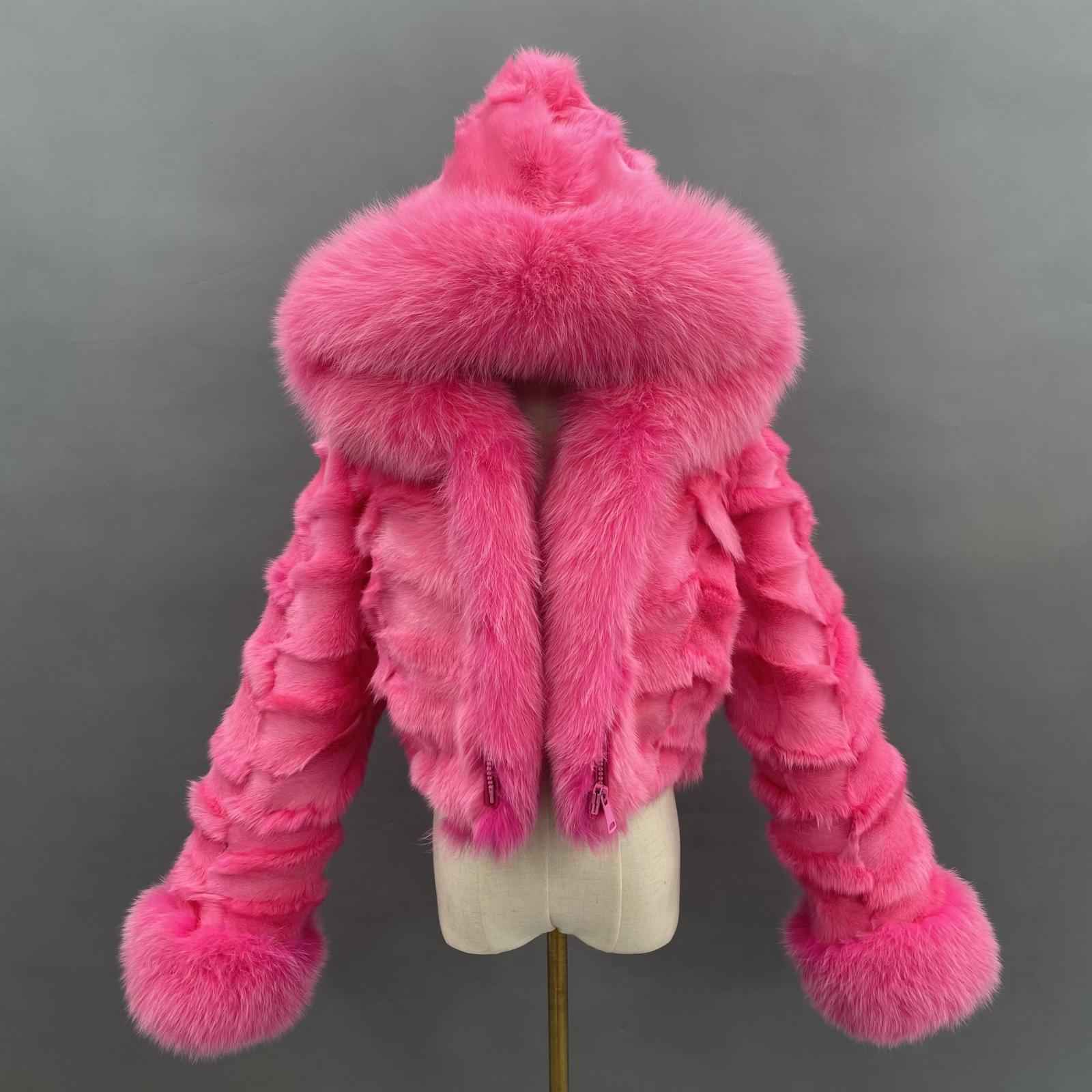 Fox Fur Coat for Women Luxurious Fox Fur Placket Hooded Zippered Jacket Pink
