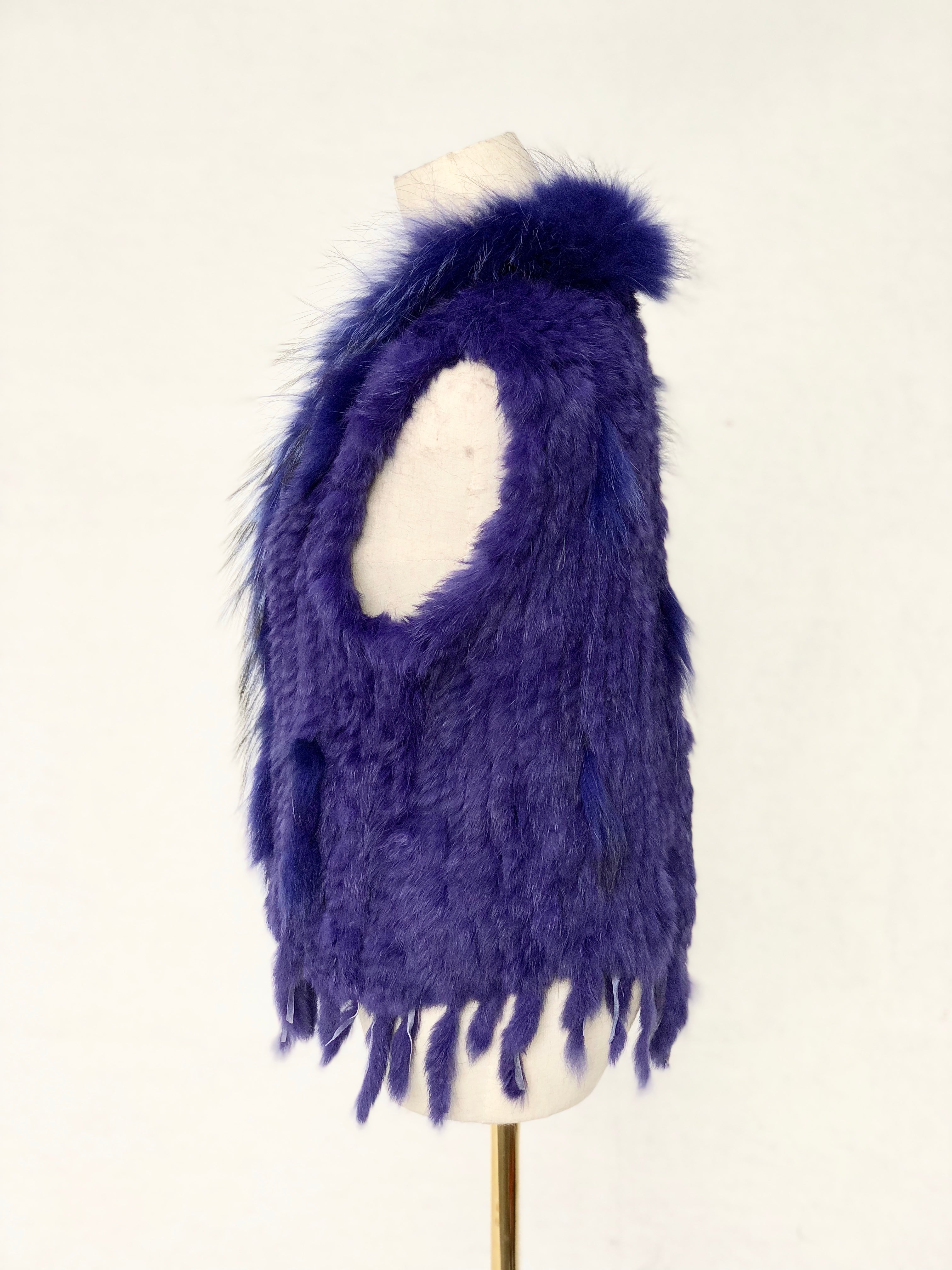 Women's Fuchsia Knitted Rabbit & Fox Fur Vest with Ragged Tramp Style & Fringe Details - Luxe Statement Outerwear