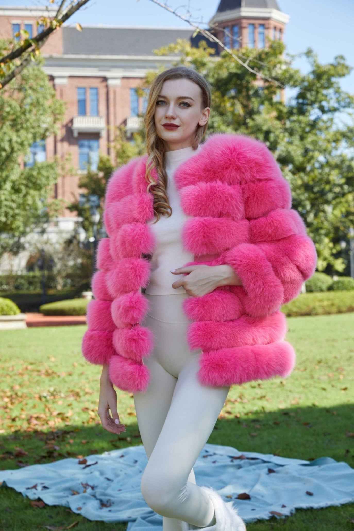 Fox Fur Round Collar Women's Long Coat Hem Removable