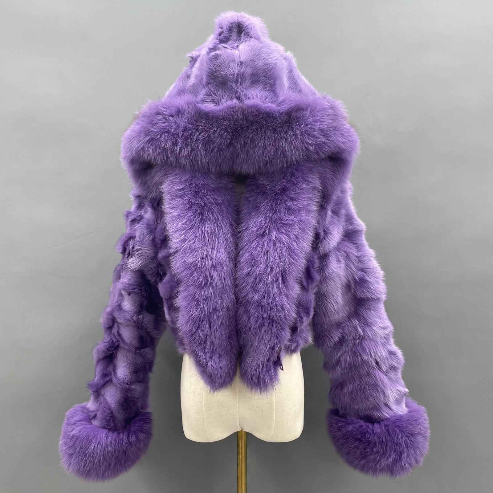 Fox Fur Coat for Women Luxurious Fox Fur Placket Hooded Zippered Jacket Purple