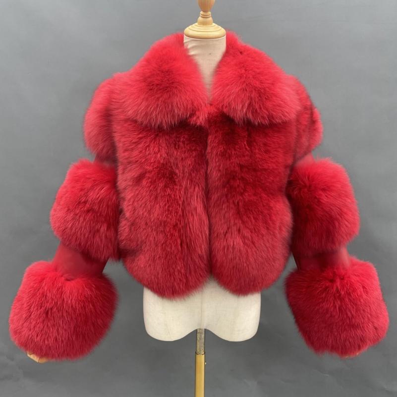 Women's Lapel Luxury Fox Jacket Full Fur Solid Color Short Style Red Click chat with us