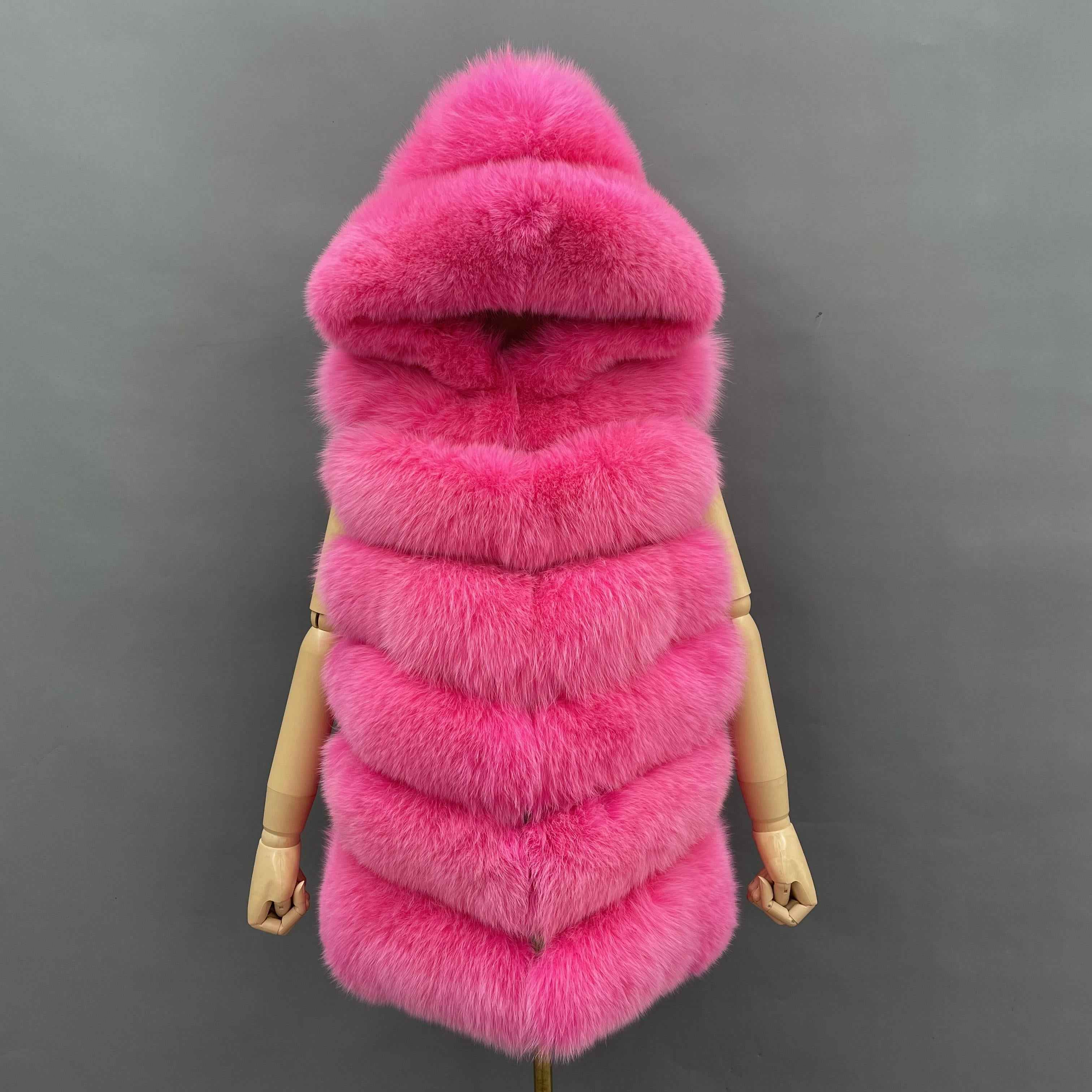 Women's 6-Panel Hooded Fox Fur Vest - Classic Versatile Winter Essential Outerwear Pink
