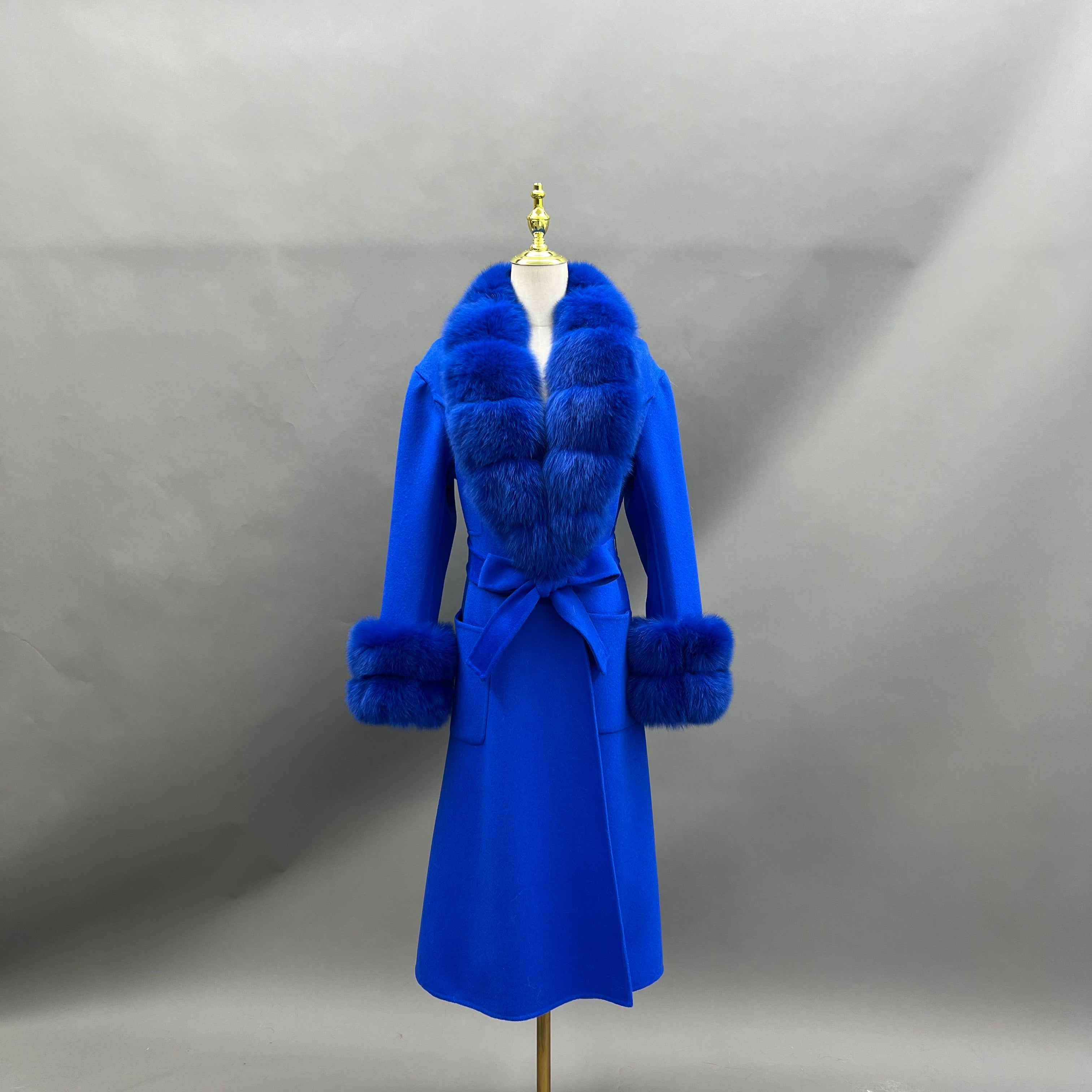 Women's Luxury Double - Faced Wool Coat with Segmented Fox Fur Collar, Two - Section Cuffs, Flared Skirt & Belt Dark Blue