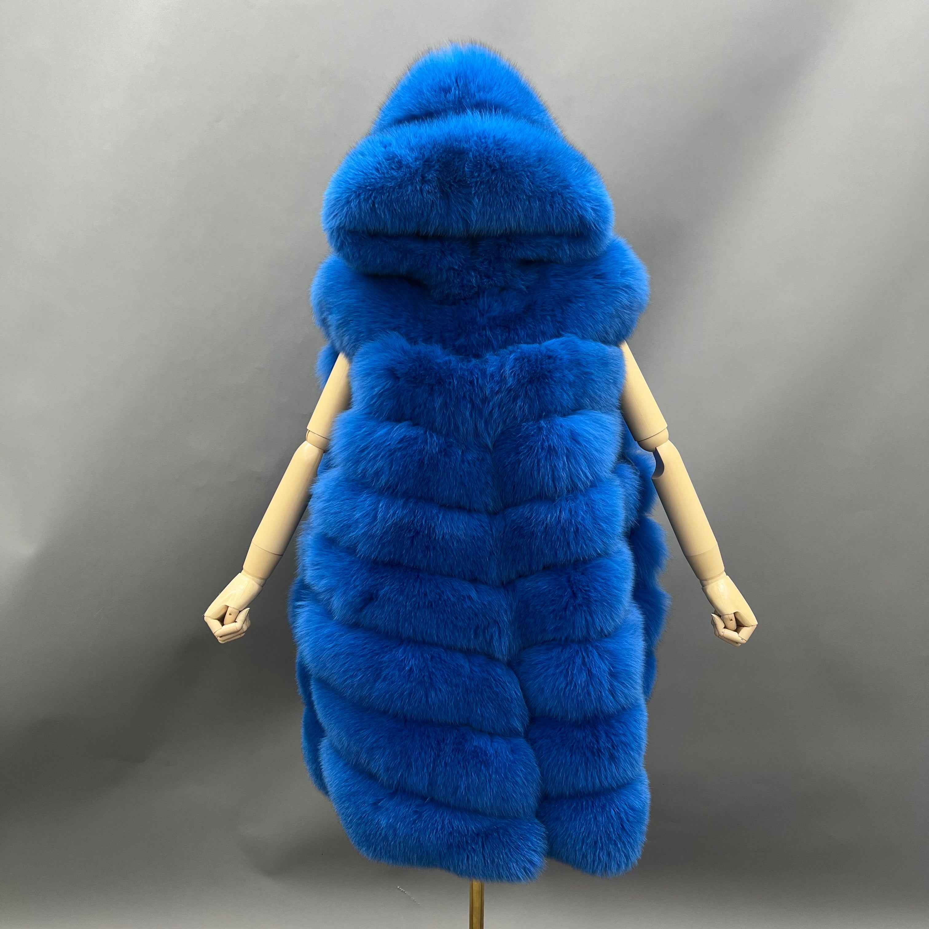 Women's 8-Panel Hooded Fox Fur Long Vest - Luxurious Outerwear Blue