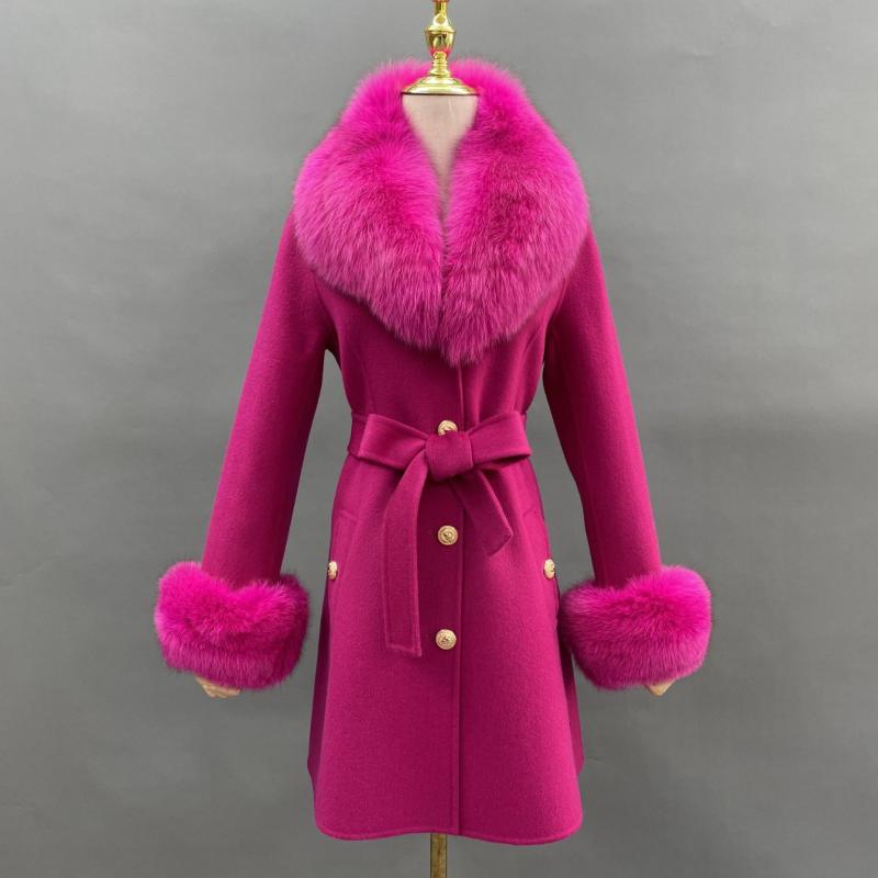 Single Breasted Lace-up Cashmere Coat Hot Pink