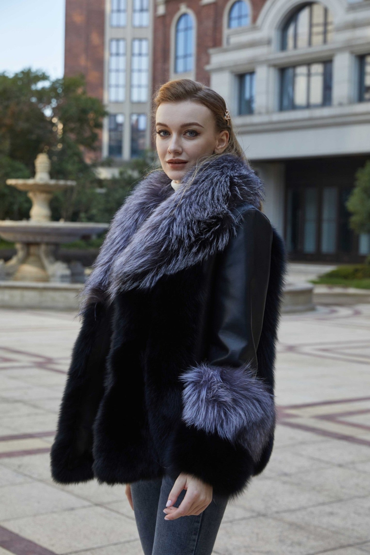 New Silver Fox Collar Patchwork Down Jacket