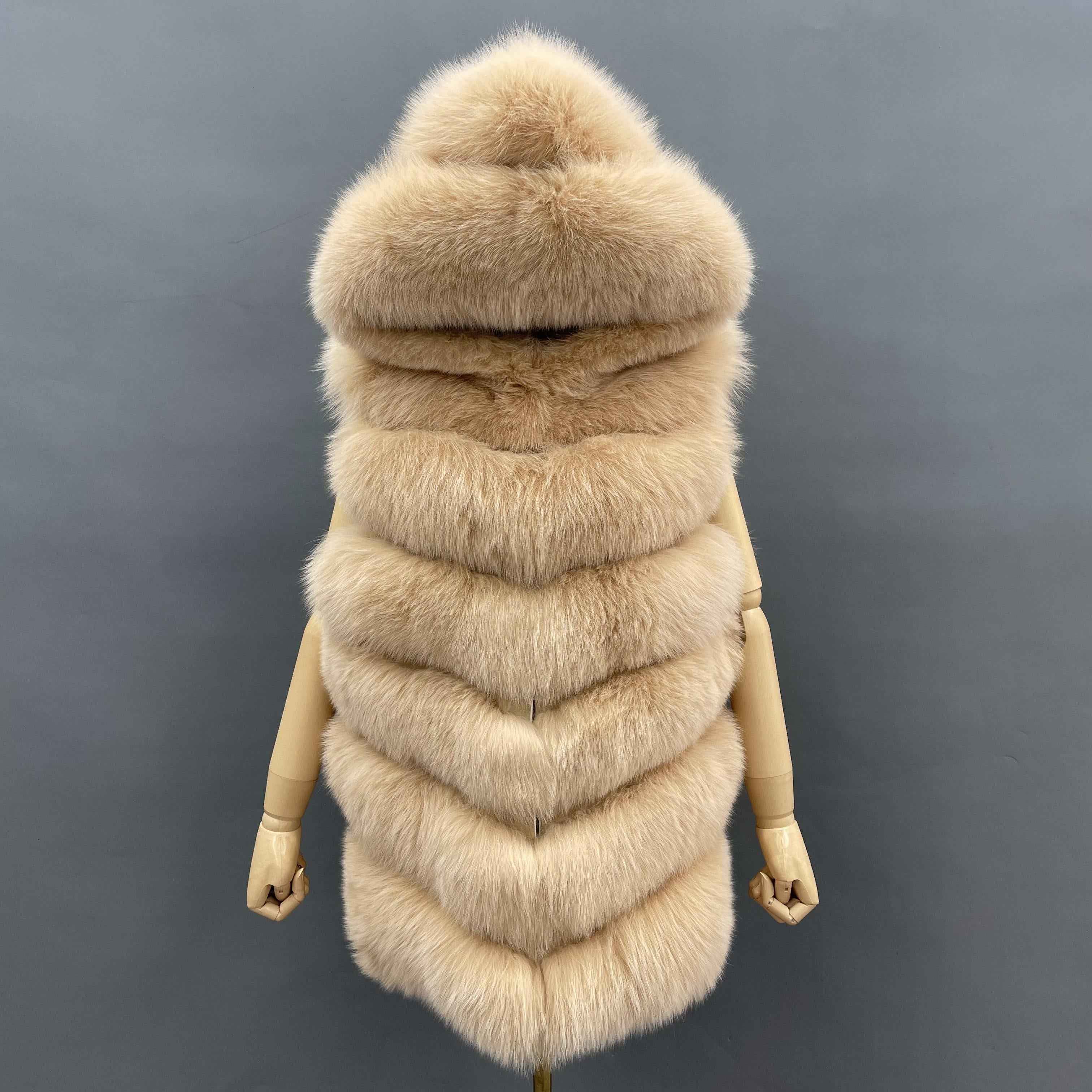 Women's 6-Panel Hooded Fox Fur Vest - Classic Versatile Winter Essential Outerwear Khaki