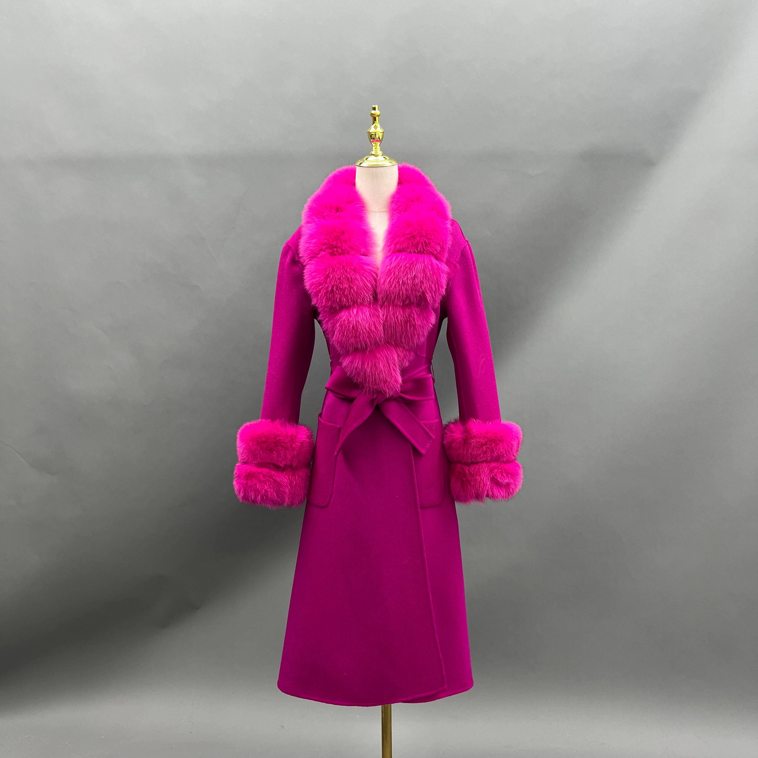 Women's Luxury Double - Faced Wool Coat with Segmented Fox Fur Collar, Two - Section Cuffs, Flared Skirt & Belt Dark Pink