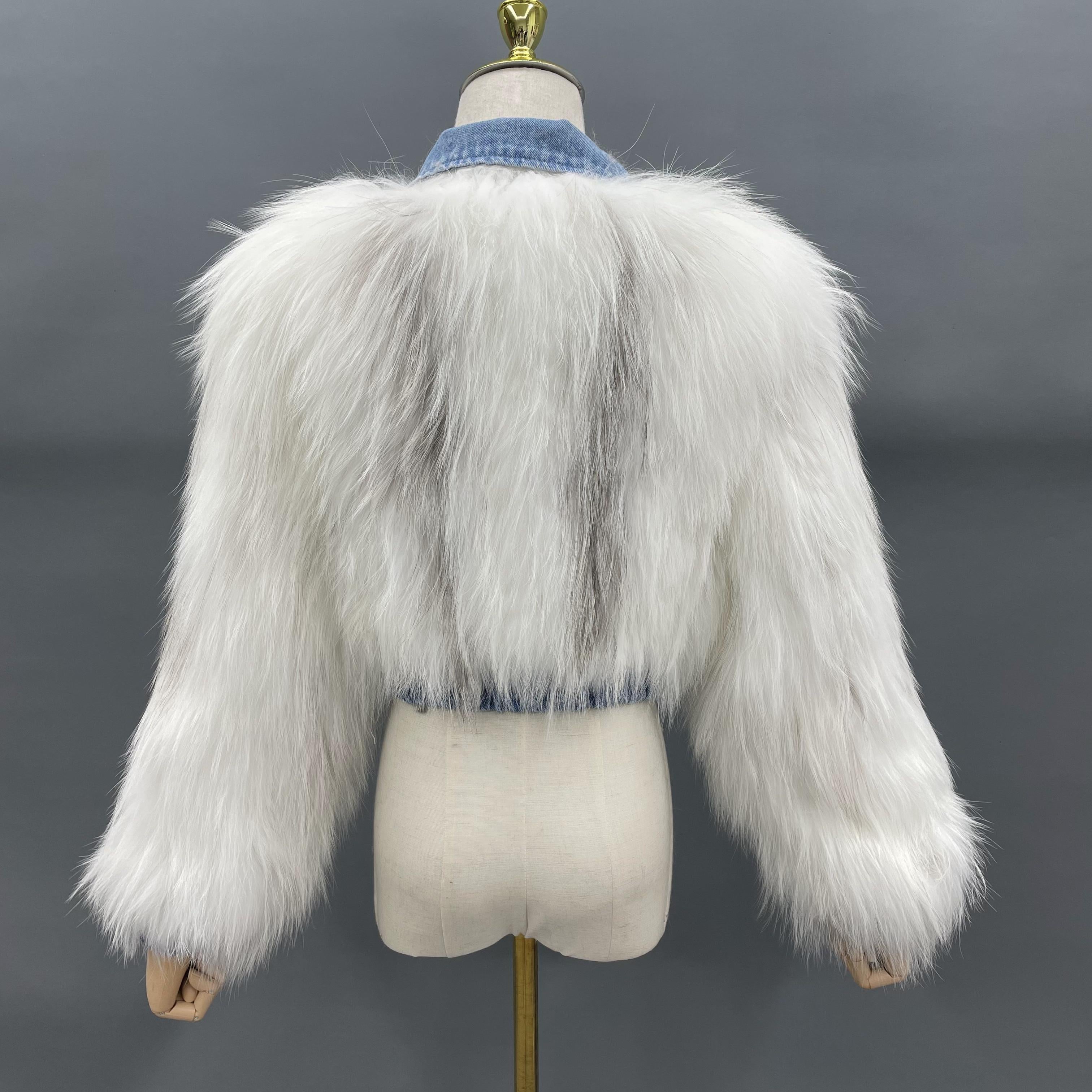Women's Luxurious Knitted Raccoon Dog Fur Cropped Jacket with Denim Collar & Details - Edgy Winter Outerwear