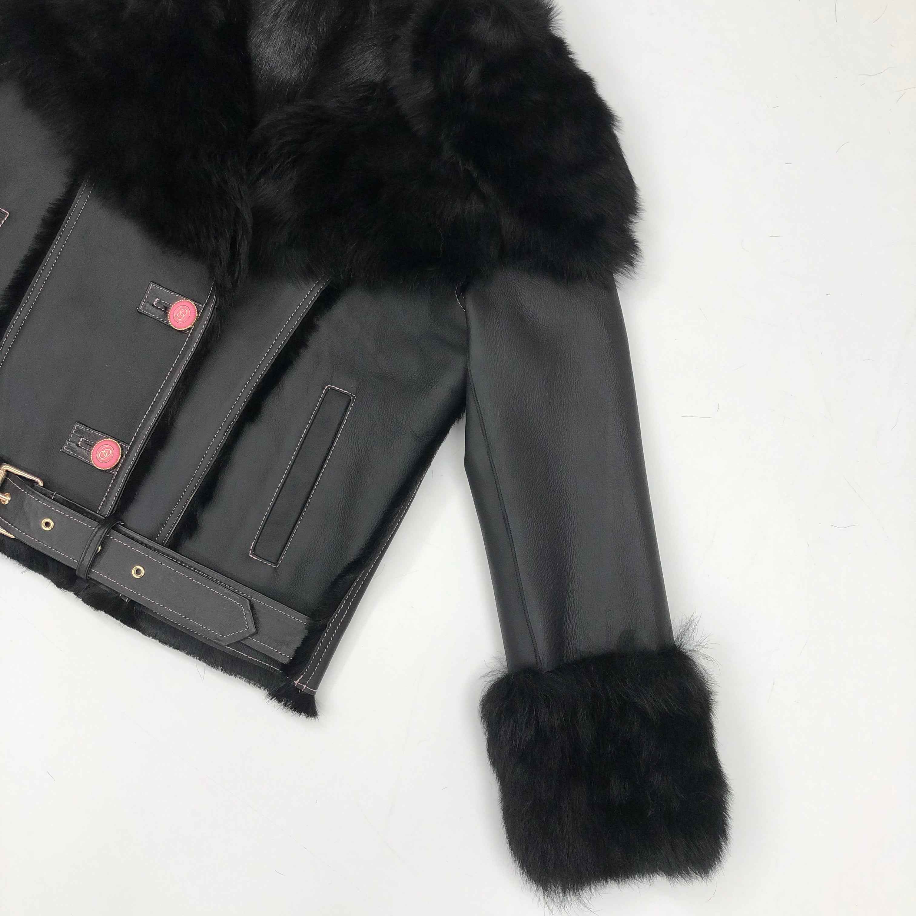 Women's Toscana Shearling Jacket with Oversized Notched Lapel, Contrast-Colored Buttons, Fur-Trimmed Cuffs & Belted Waist - Luxe Winter Outerwear