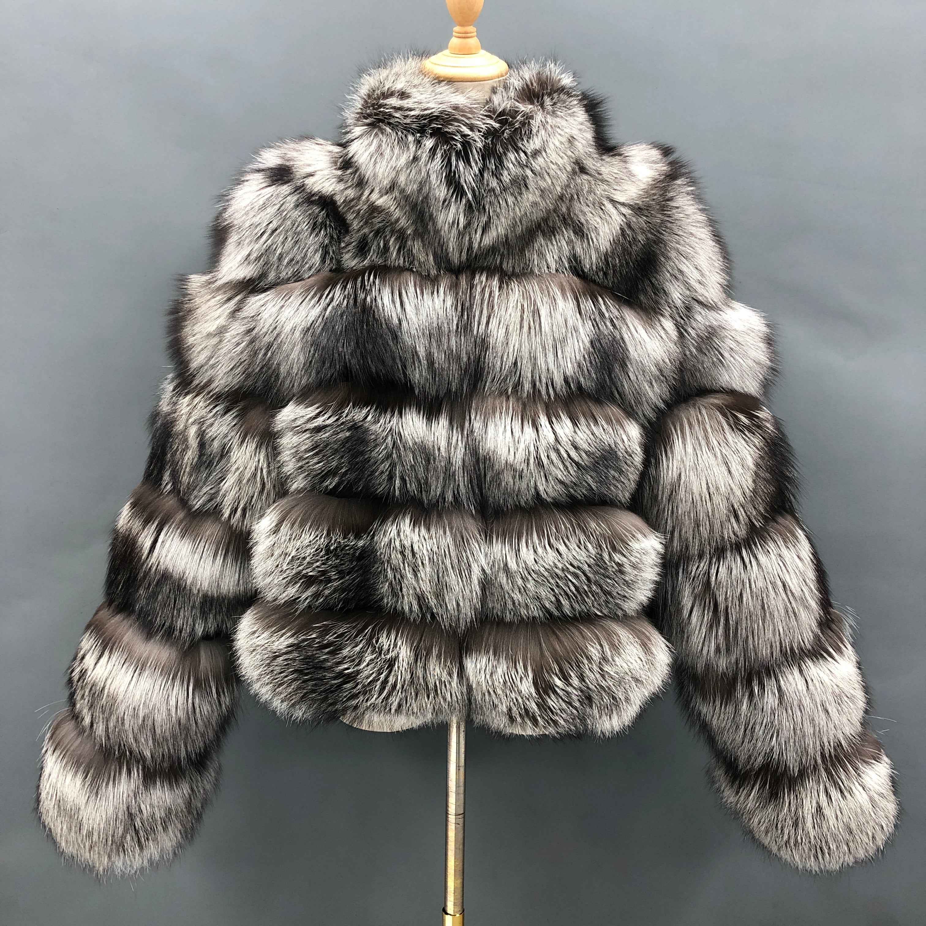 Vintage Silver Fox Fur Coat with Stand Collar, 5 - Panel Body and 6 - Panel Sleeves Sliver Contact us to customized