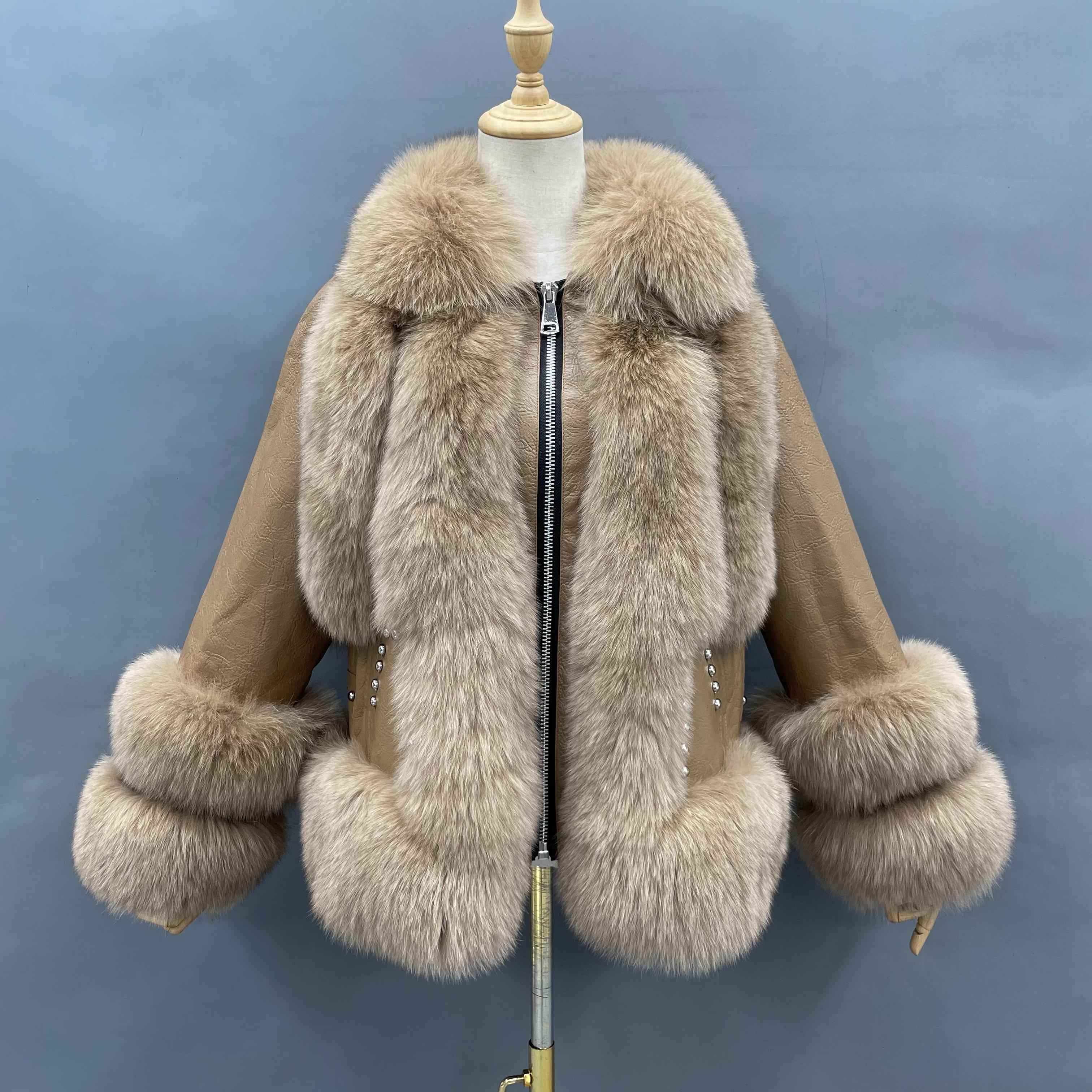 Women's Premium Fluffy Fox Fur Cropped Jacket - Two-Panel Fur Cuffs & Leather Patchwork with Zipper - Winter Chic Warm Luxury Outerwear Camle