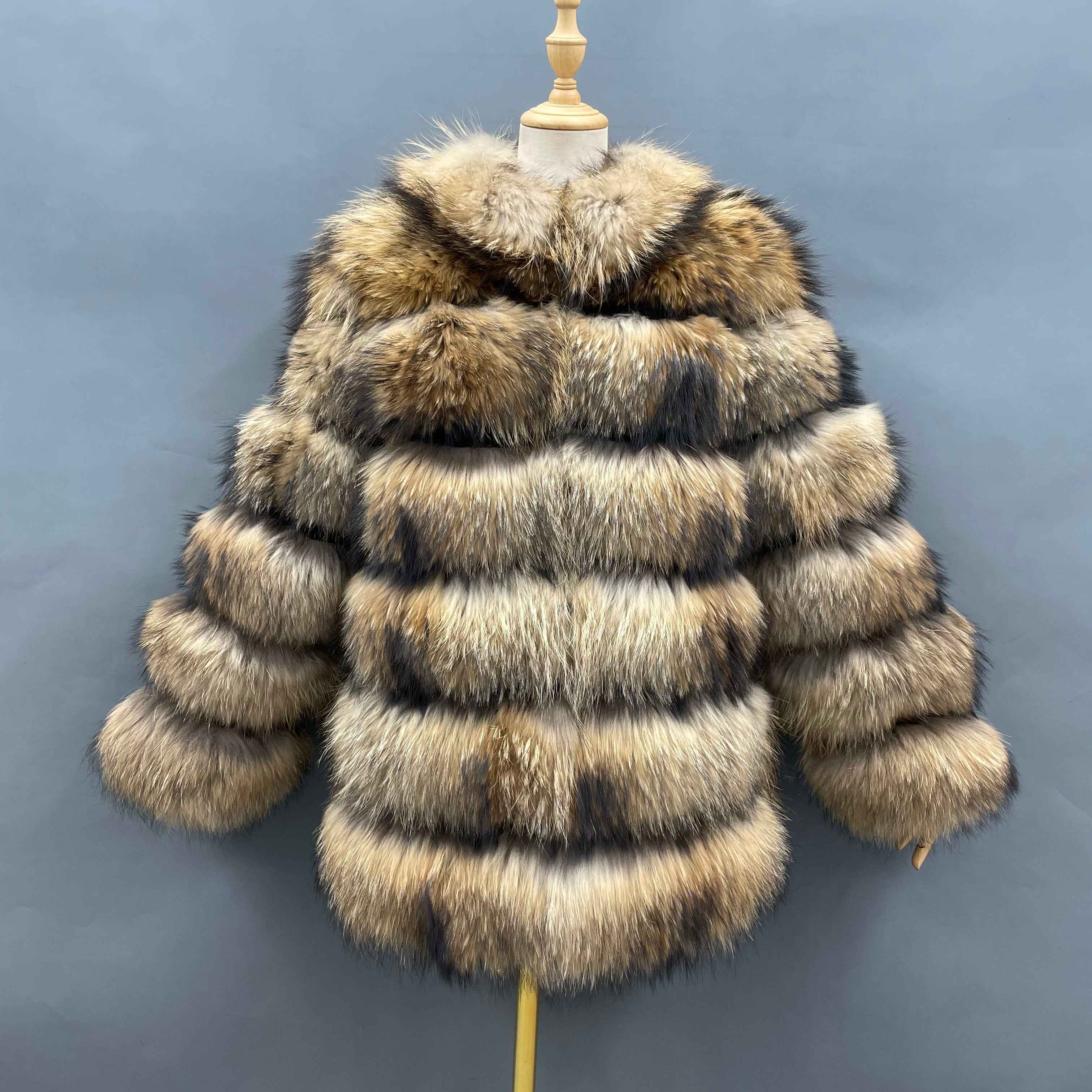 Women's Luxury Raccoon Fur Jacket - 6-Panel Stand Collar Frost-Resistant Cold Winter Warmth-Locking Outerwear