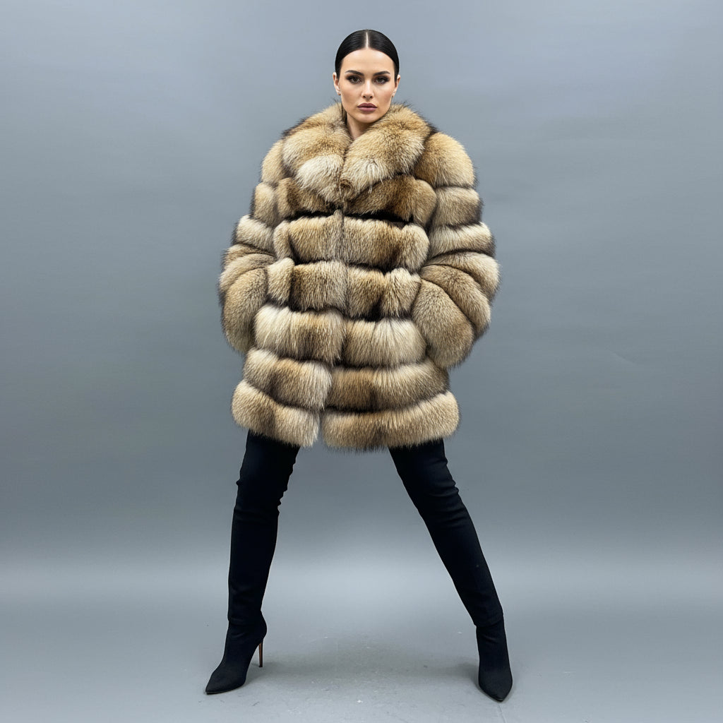 Women's Luxury Raccoon Fur Jacket - 6-Panel Stand Collar Frost-Resistant Cold Winter Warmth-Locking Outerwear Animal