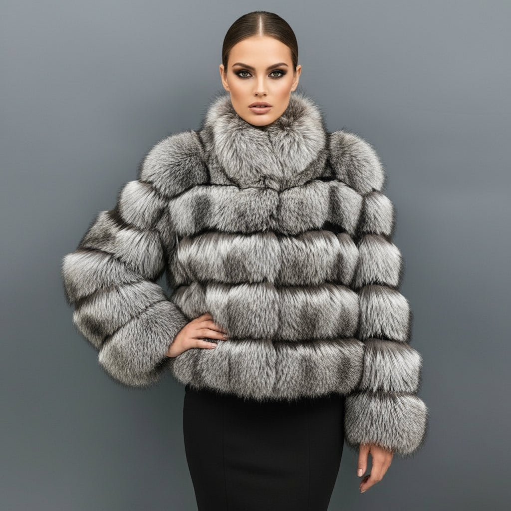 Vintage Silver Fox Fur Coat with Stand Collar, 5 - Panel Body and 6 - Panel Sleeves