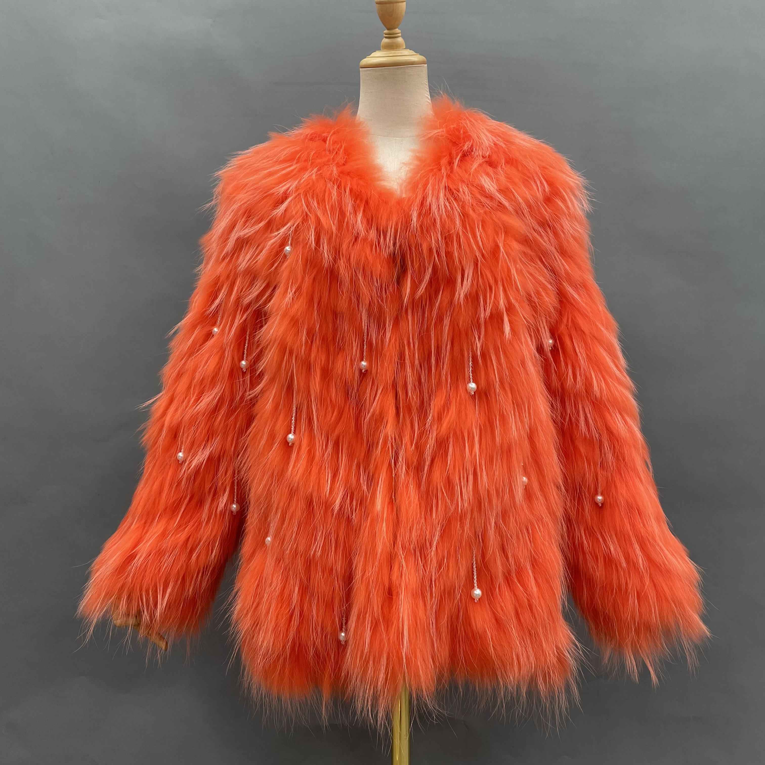 Women's Raccoon Fur Long Jacket - Pearl Tassel Party Statement Outerwear