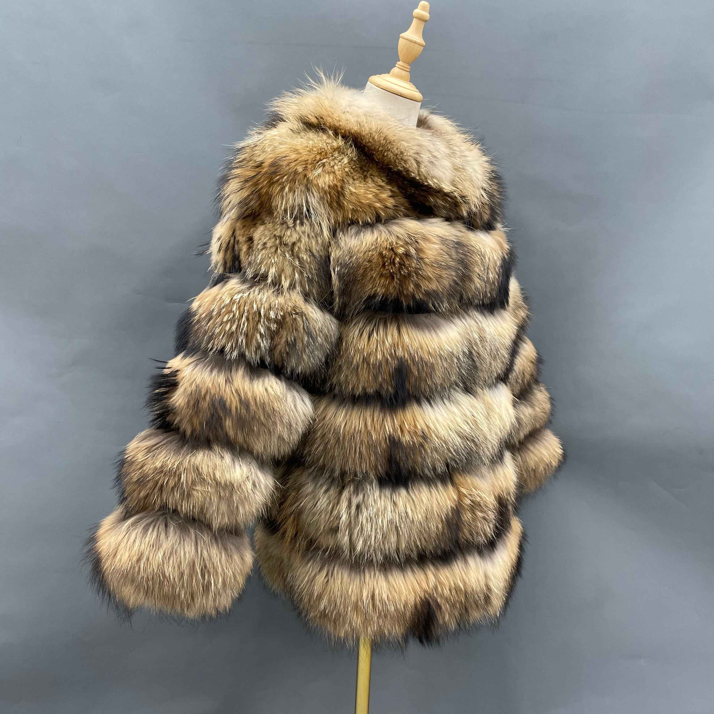 Women's Luxury Raccoon Fur Jacket - 6-Panel Stand Collar Frost-Resistant Cold Winter Warmth-Locking Outerwear