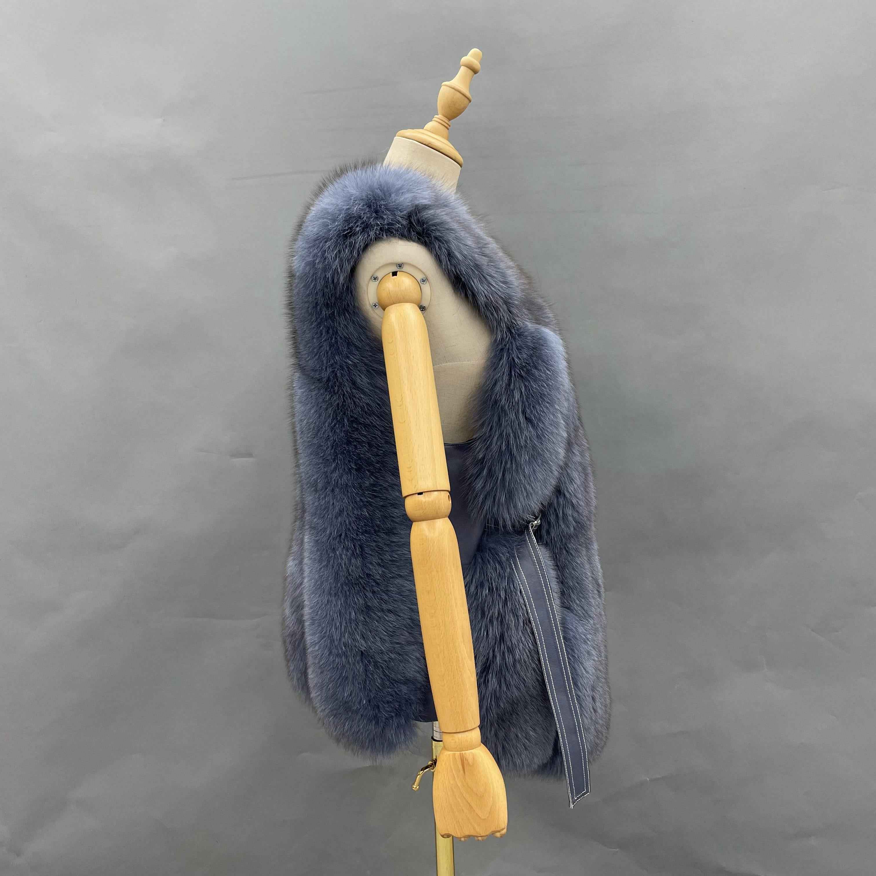 Women's Luxury Fox Fur Coat with Leather Buckle & Flowing Strap - Tufted Detail Designer Outerwear
