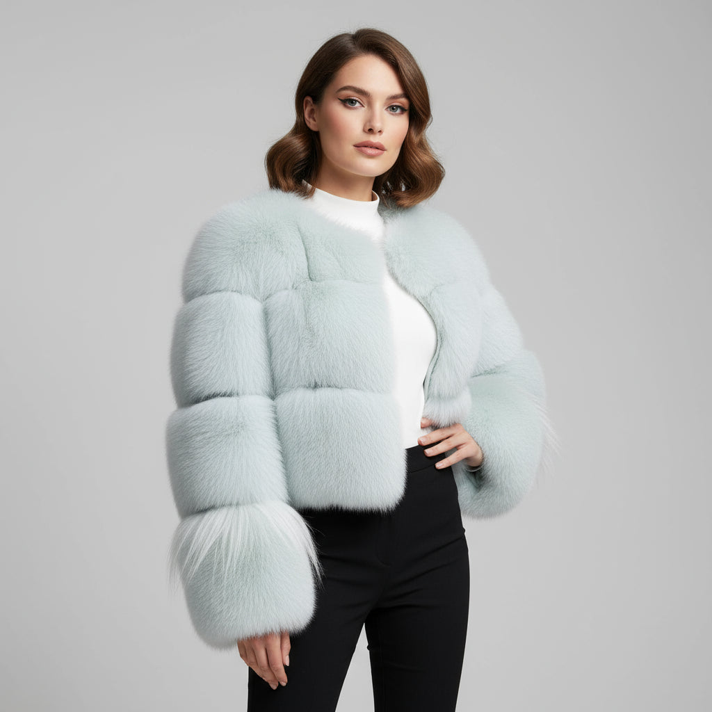 Women's Luxury Light Aqua Fox Fur Cropped Jacket - Long-Haired Cuff Detail Winter Fashion Warm Outerwear Aqua