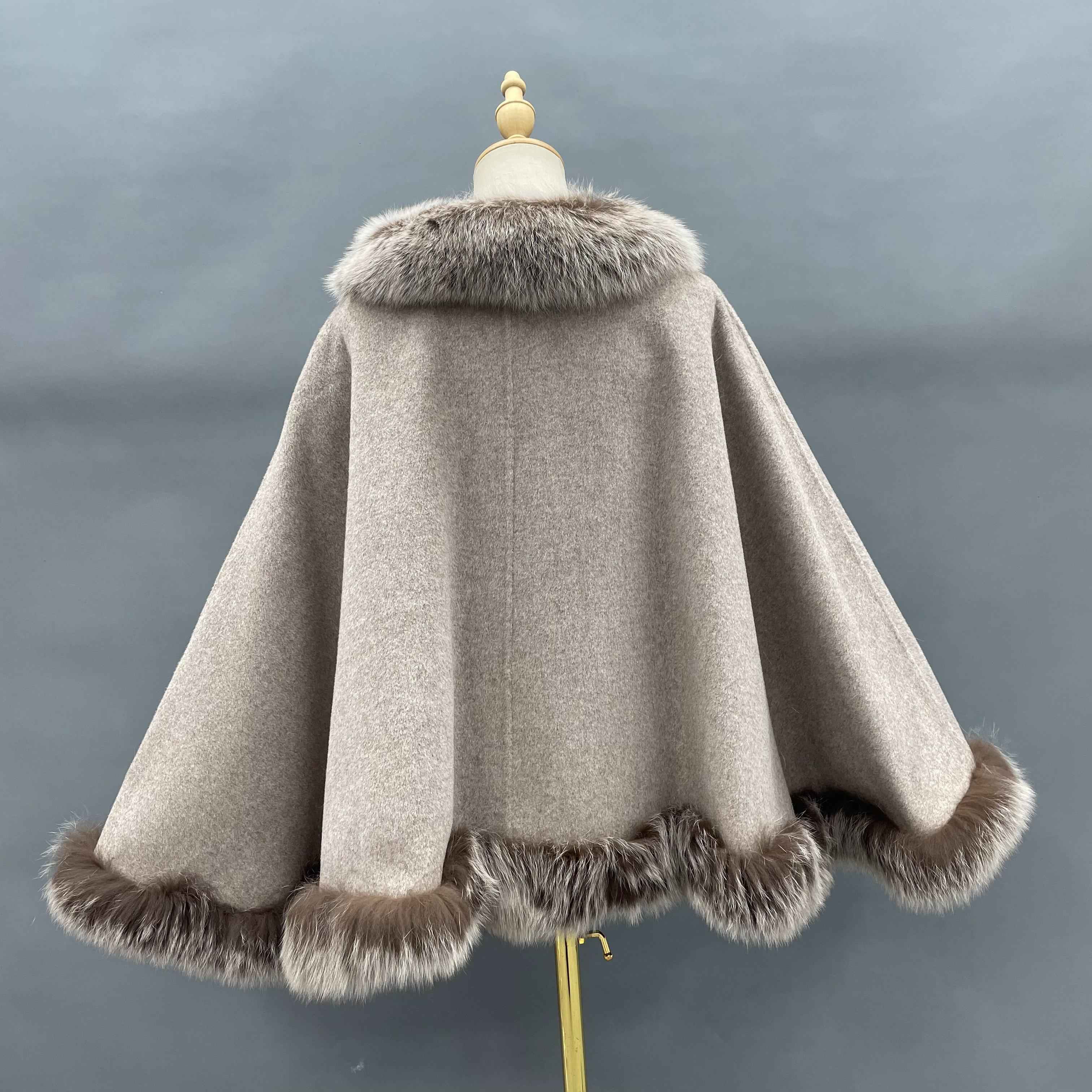 Women's French Designer Style Double-Faced Wool Cape with Fox Fur Trim at Hem - Elegant Luxury Winter Outerwear