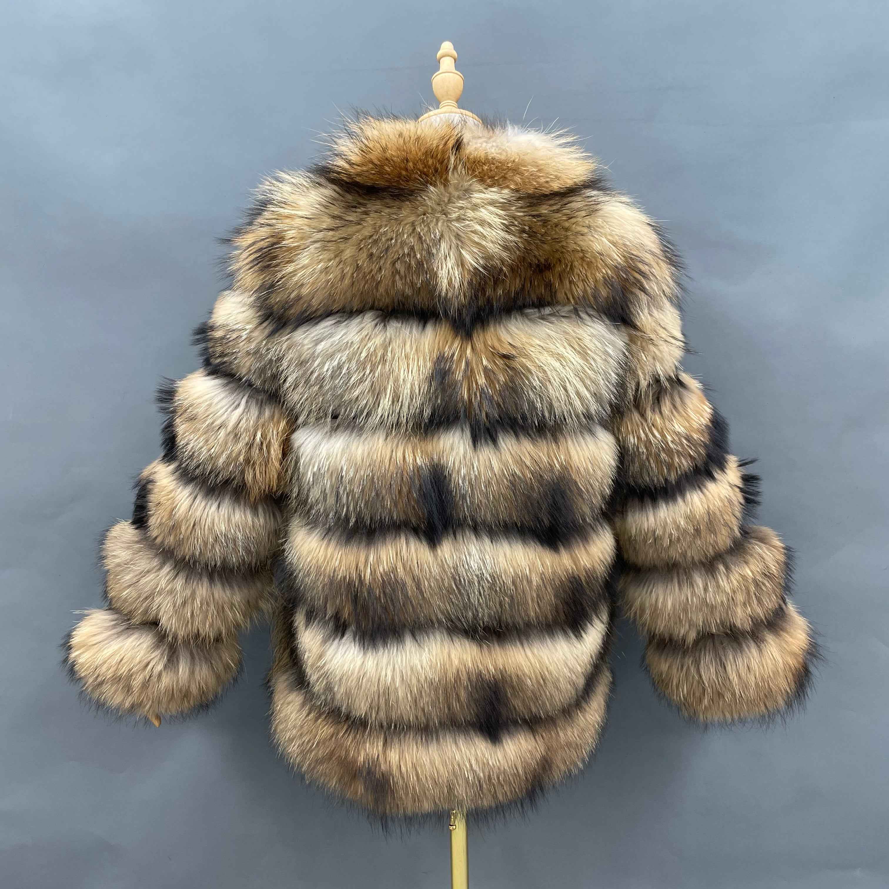 Women's Luxury Raccoon Fur Jacket - 6-Panel Stand Collar Frost-Resistant Cold Winter Warmth-Locking Outerwear