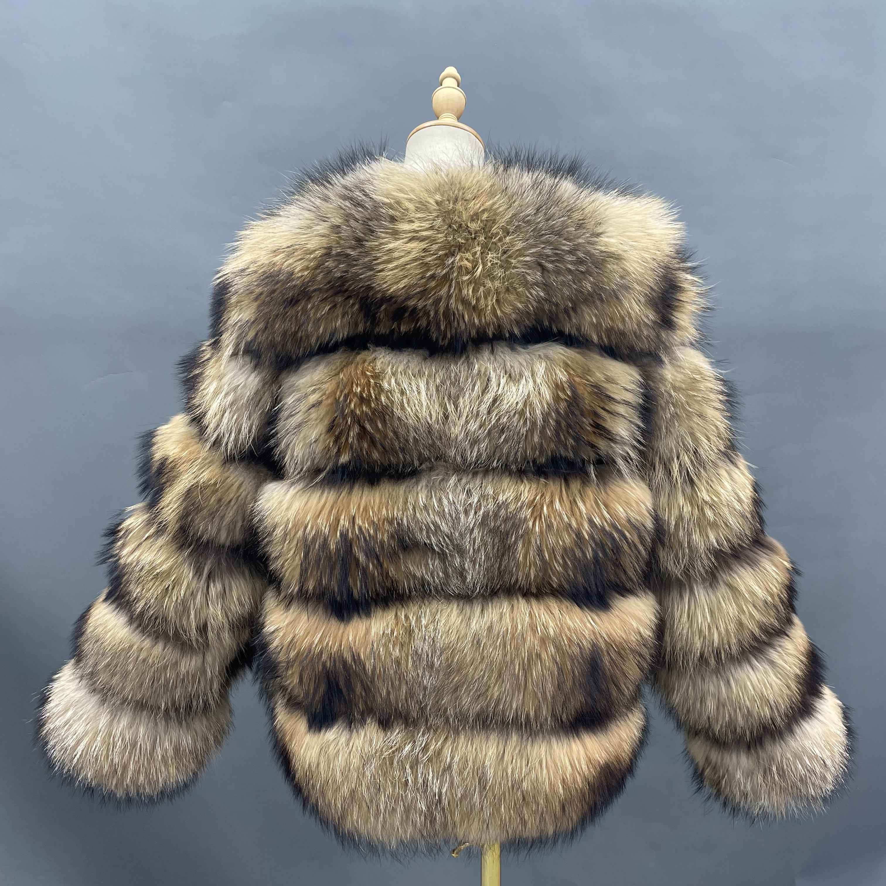 Women's Luxury Raccoon Fur Jacket - 5-Panel Wide Striped Cold Winter Warmth-Locking Outerwear