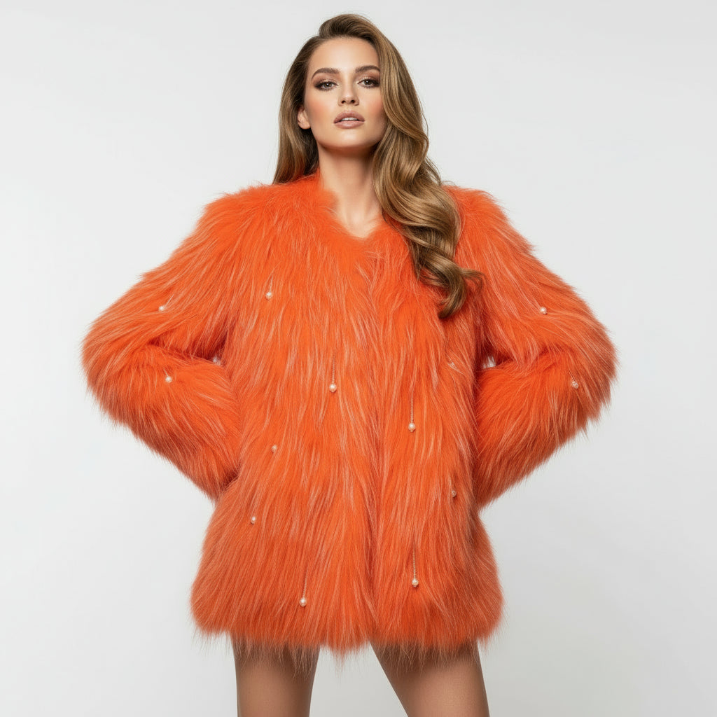Women's Raccoon Fur Long Jacket - Pearl Tassel Party Statement Outerwear Orange F-CHEST 100