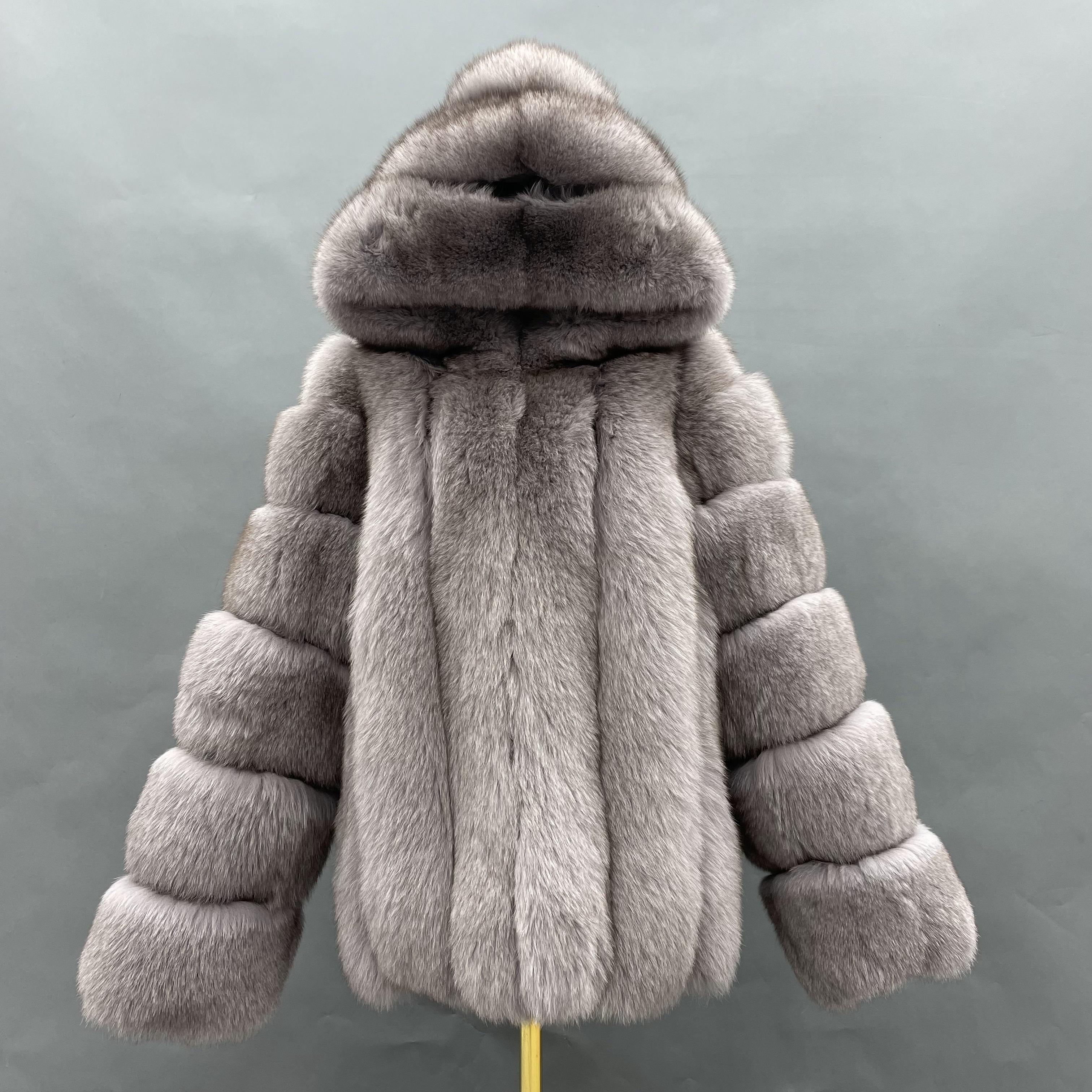 Women's Vintage Gray Fox Fur Hooded Jacket - Layered Stripe Cropped Design Winter Warm Fashion Outerwear