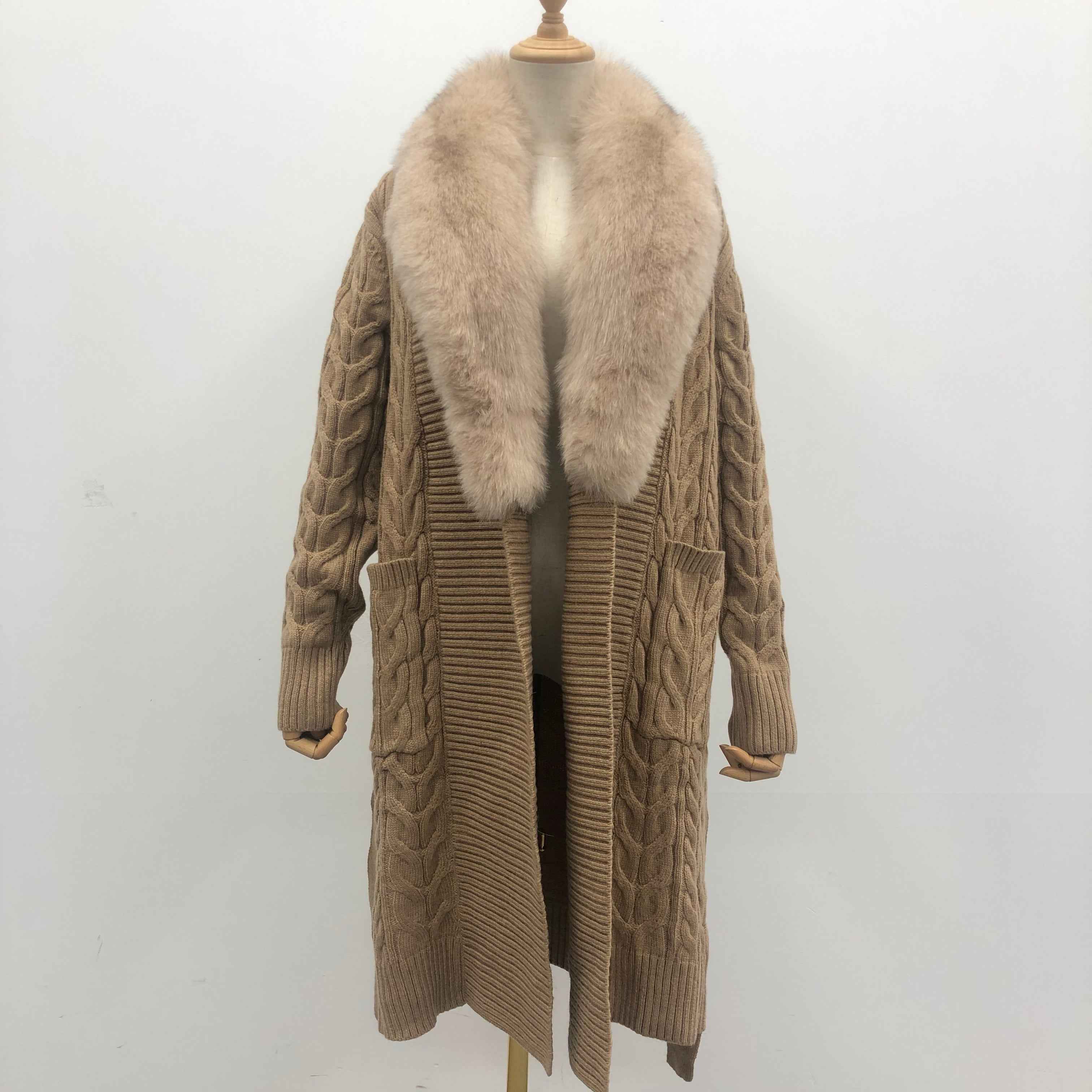 Women's Shawl Collar Knitted Coat with Fox Fur Collar & Self-Tie Belt - Luxe Winter Outerwear Camle F