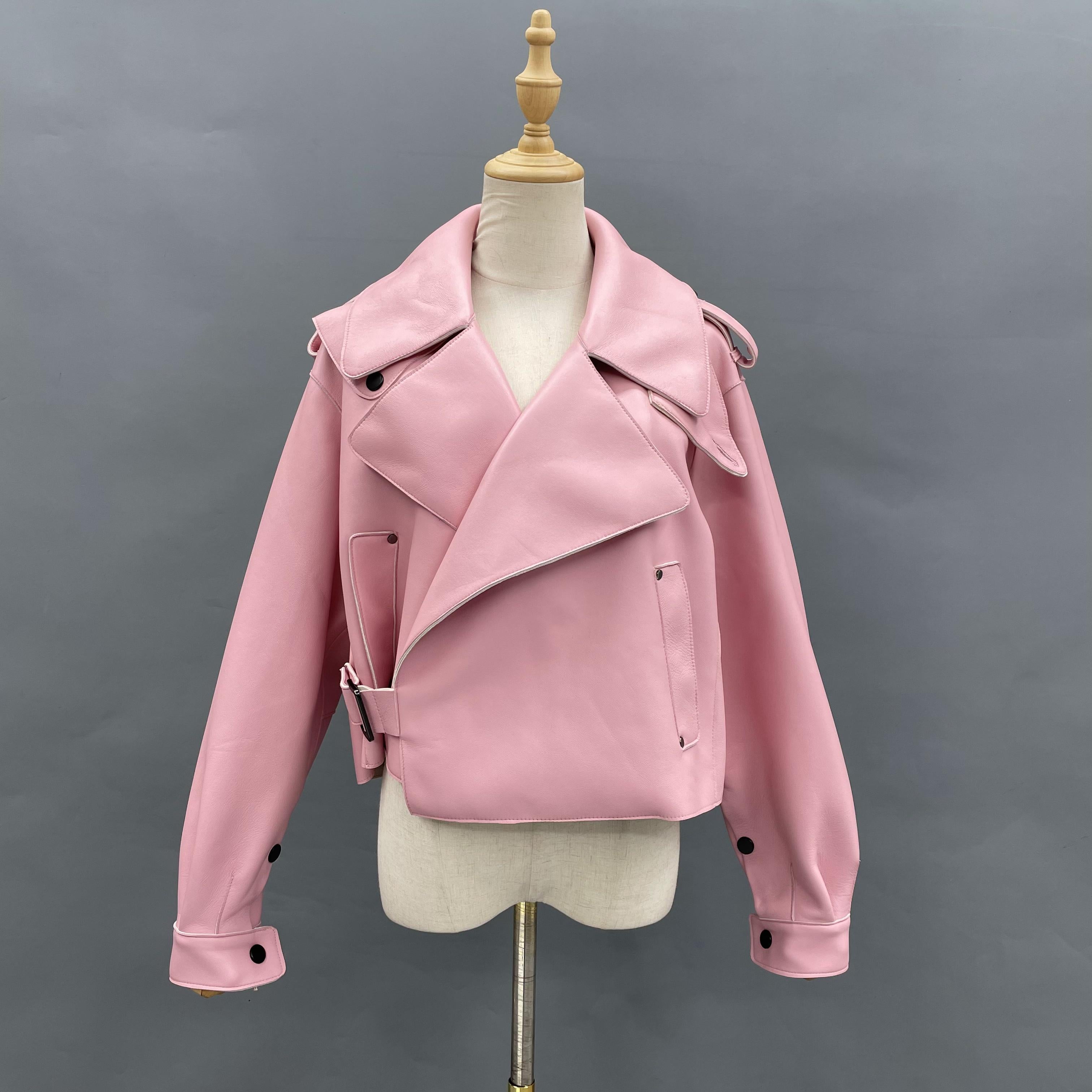 Women's Bright Green Faux Leather Biker Jacket with Wide Lapel, Slant Pockets & Belted Detail - Edgy Street Style Outerwear