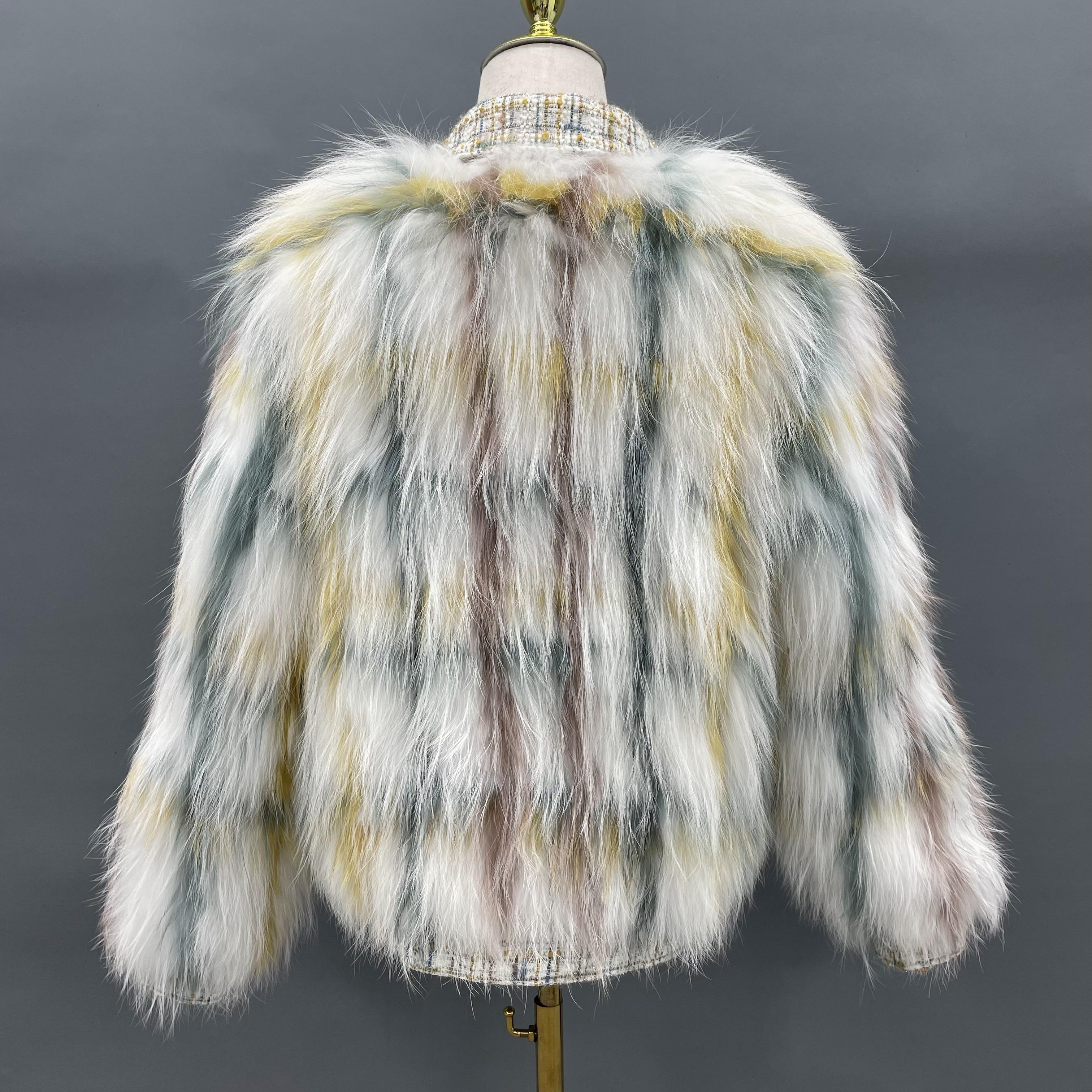 Women's Luxurious Raccoon Dog Fur Jacket with Chanel-Style Tweed & Notched Lapel - Knitted Winter Outerwear