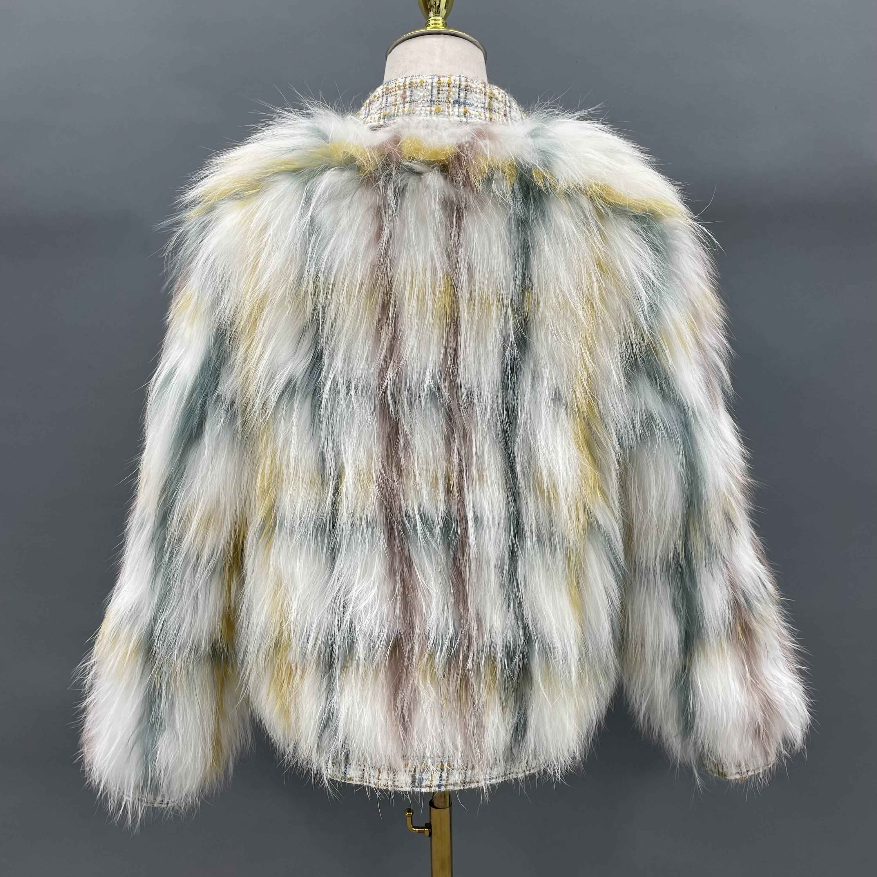 Women's Luxurious Raccoon Dog Fur Jacket with Chanel-Style Tweed & Notched Lapel - Knitted Winter Outerwear