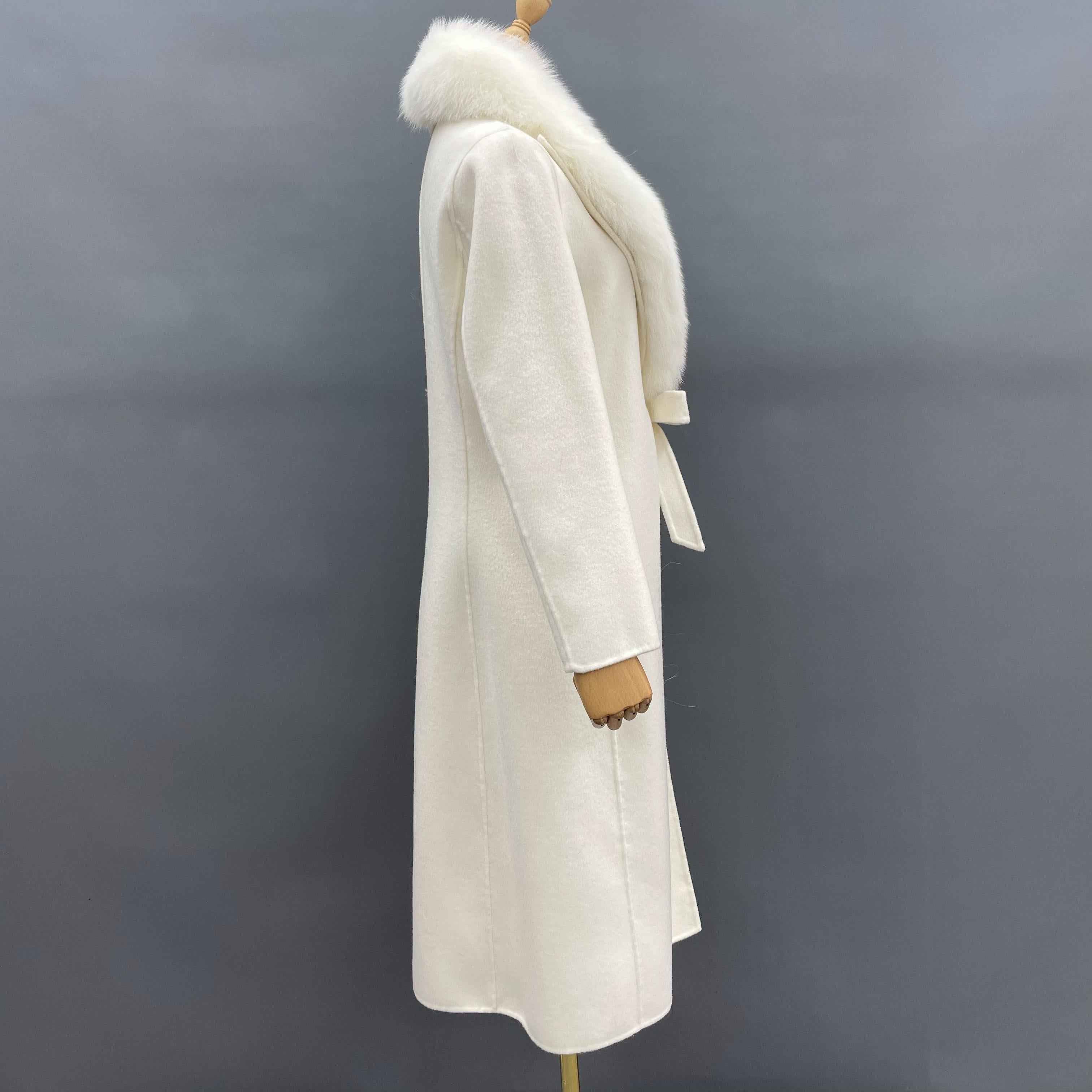 Women's Double-Faced Wool Coat with Shawl Collar, Side Tie & Waist-Defining Design - Fox Fur Trimmed Elegant Winter Outerwear
