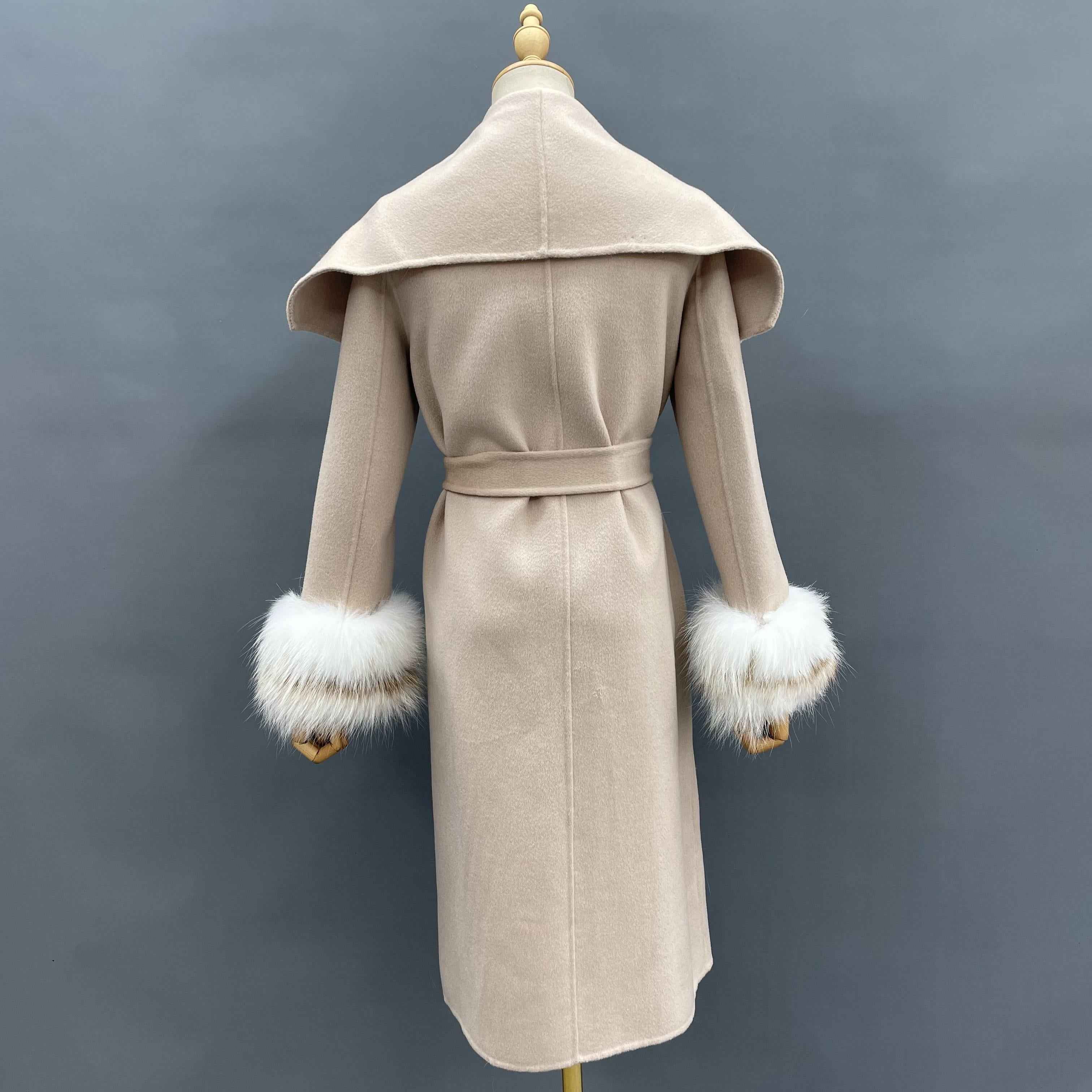 Women's Oversized Shawl Collar Double-Faced Wool Coat with Fox Fur Cuffs & Self-Tie Belt - Knee-Length Luxury Winter Outerwear