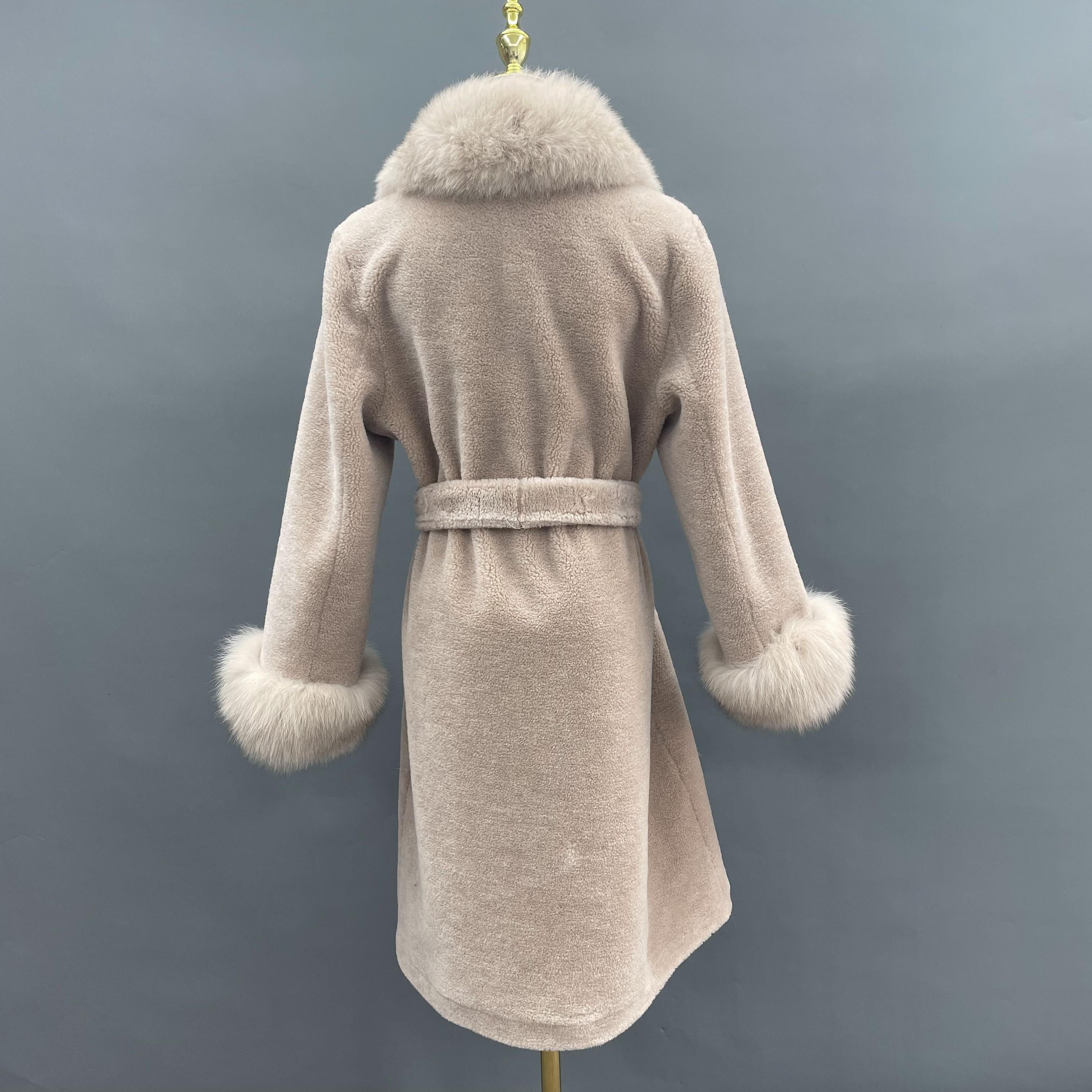 Women's Light Pink Shearling Long Coat with Fox Fur Collar, Cuffs, Notched Lapel & Belted Waist - Luxurious Winter Outerwear