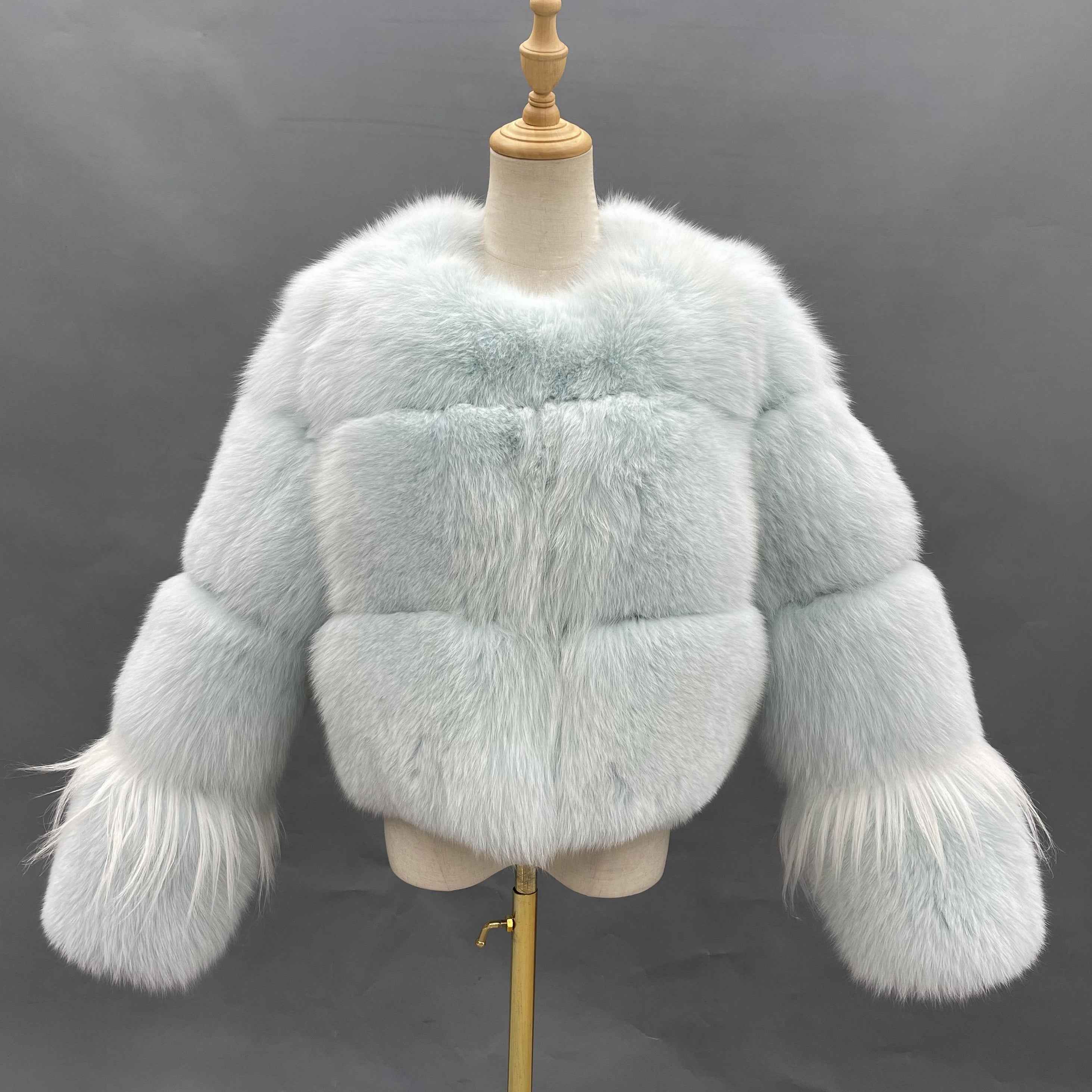Women's Luxury Light Aqua Fox Fur Cropped Jacket - Long-Haired Cuff Detail Winter Fashion Warm Outerwear