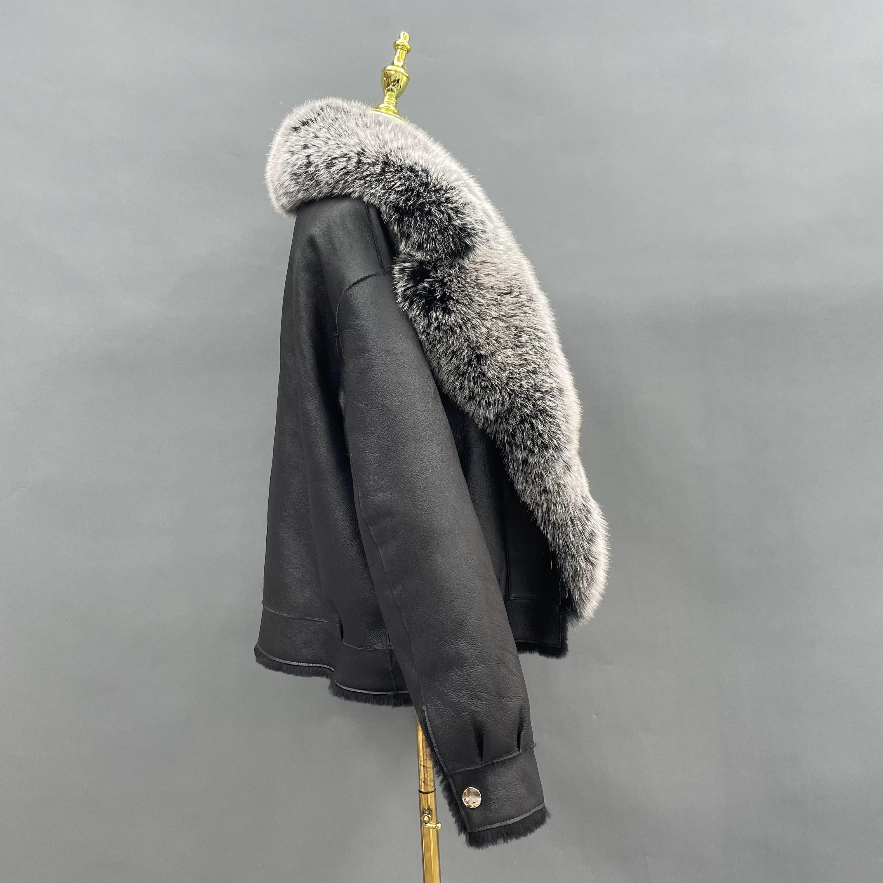 Women's Windproof Shearling Leather Jacket with Oversized Fox Fur Collar - Luxe Winter Outerwear