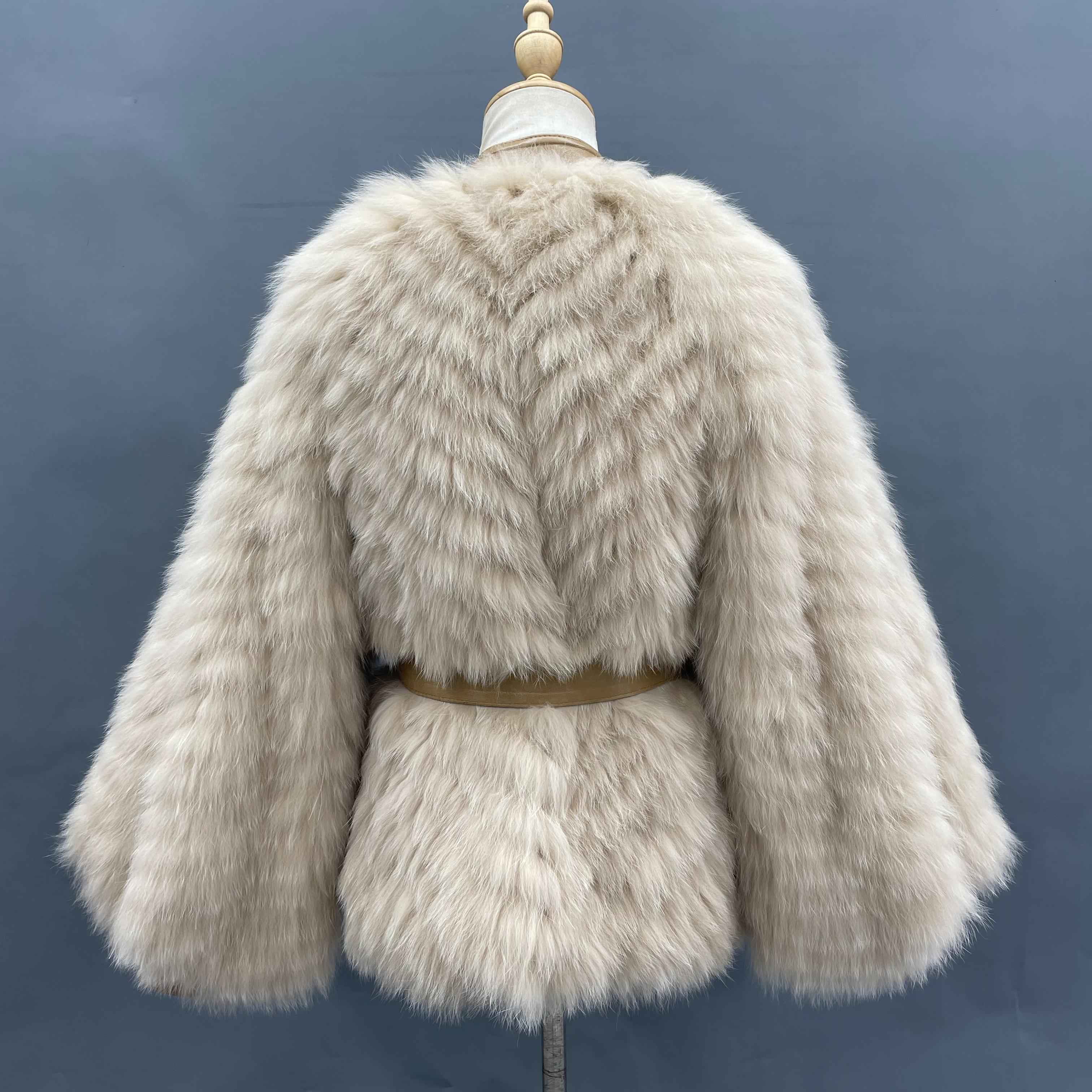 Women's Luxury Fox Fur Relaxed Fit Jacket - Chevron Stripe Design with Leather Belt Detail Winter Fashion Outerwear