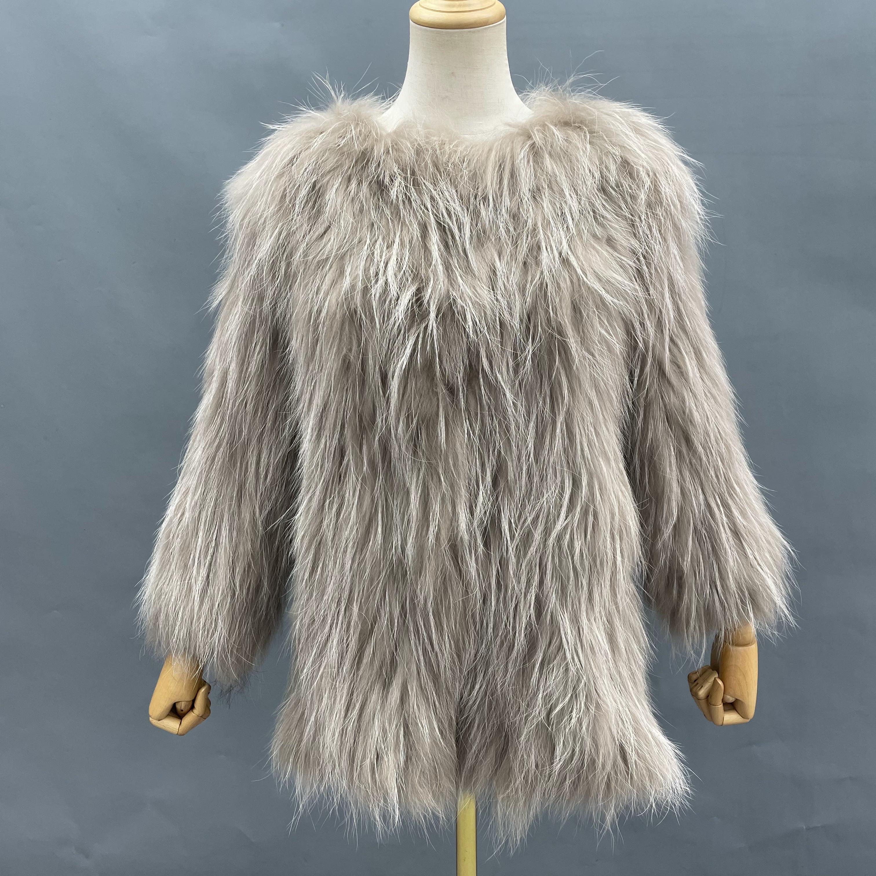 Women's Knitted Raccoon Dog Fur Mid-Length Coat with Crew Neck - Luxurious Winter Outerwear