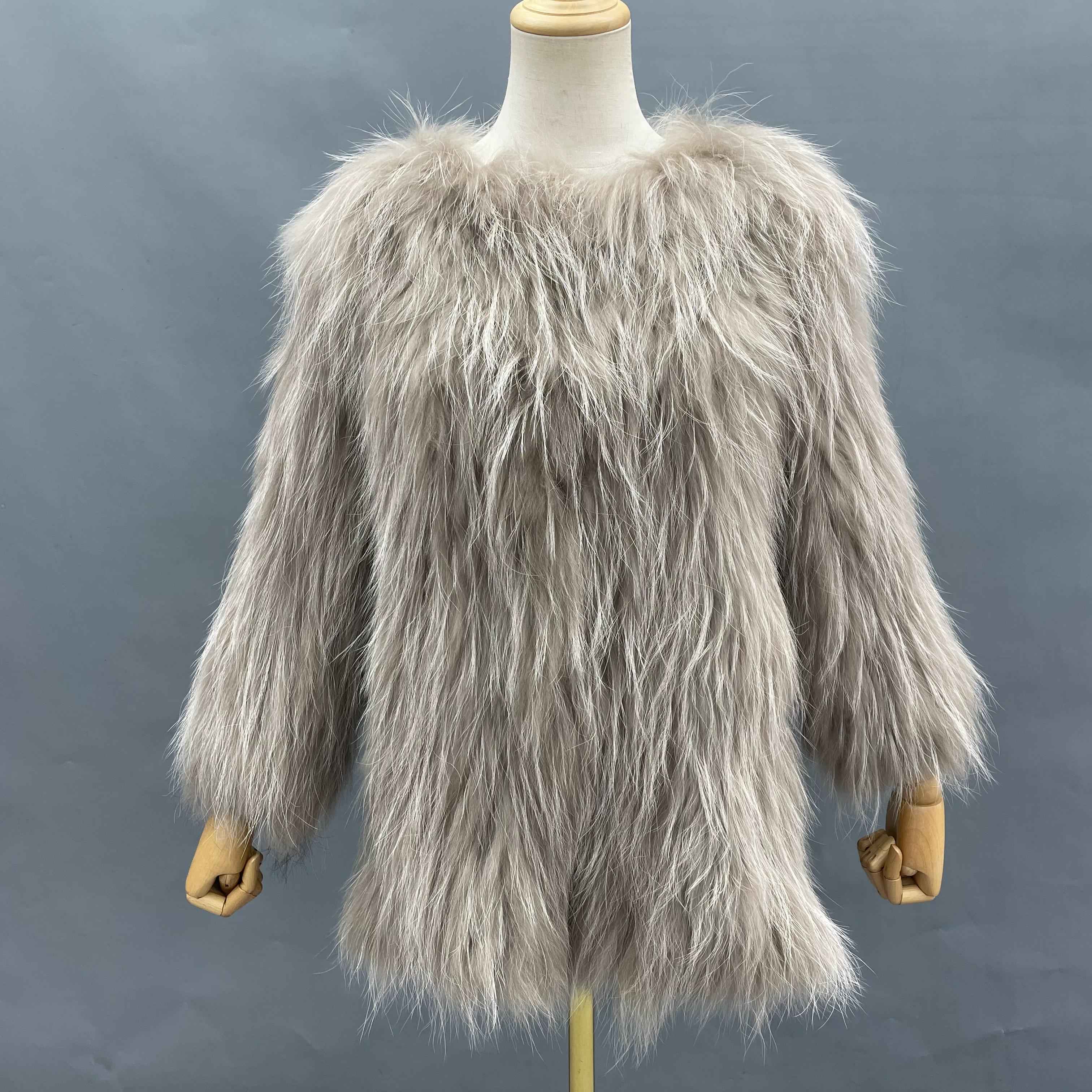 Women's Knitted Raccoon Dog Fur Mid-Length Coat with Crew Neck - Luxurious Winter Outerwear