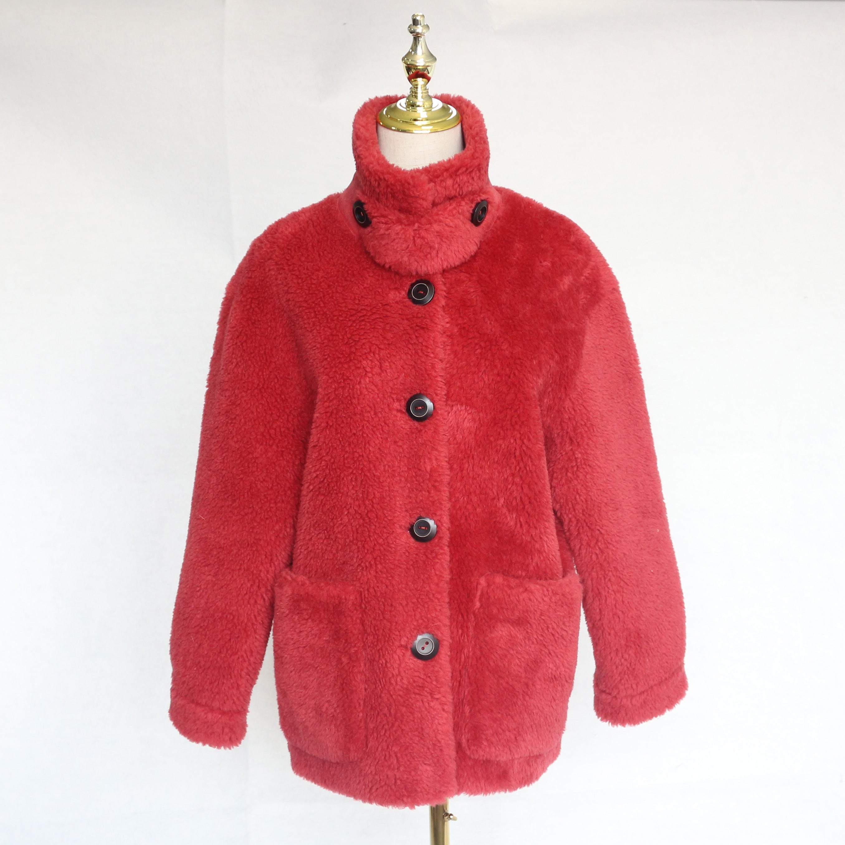Women's Light Grey Short Sheepskin Shearling Jacket, Casual Stand Collar Button-Front Winter Outerwear