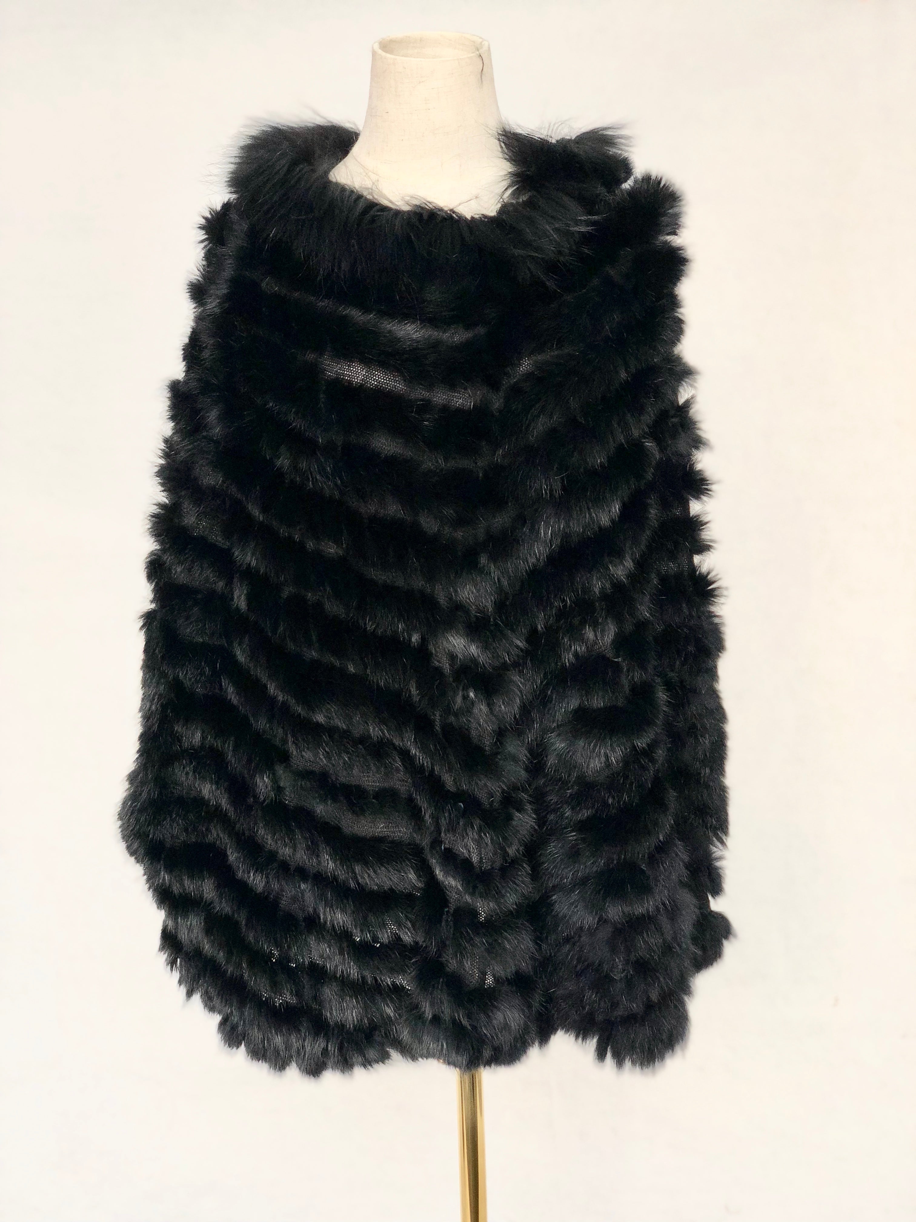 Women's Knitted Rabbit Fur Cape with Fox Fur Collar - Luxurious Winter Accessory Black F