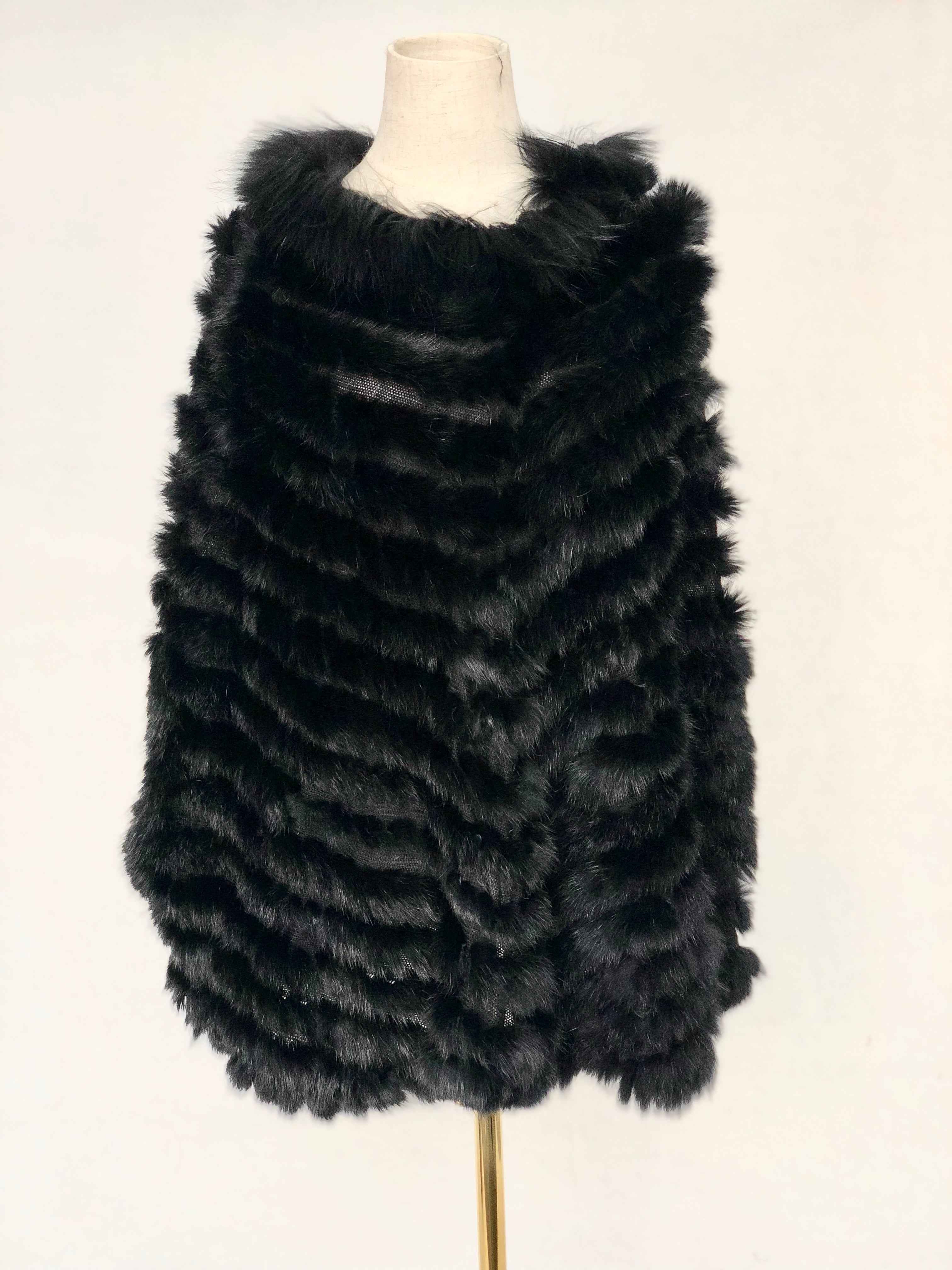 Women's Knitted Rabbit Fur Cape with Fox Fur Collar - Luxurious Winter Accessory
